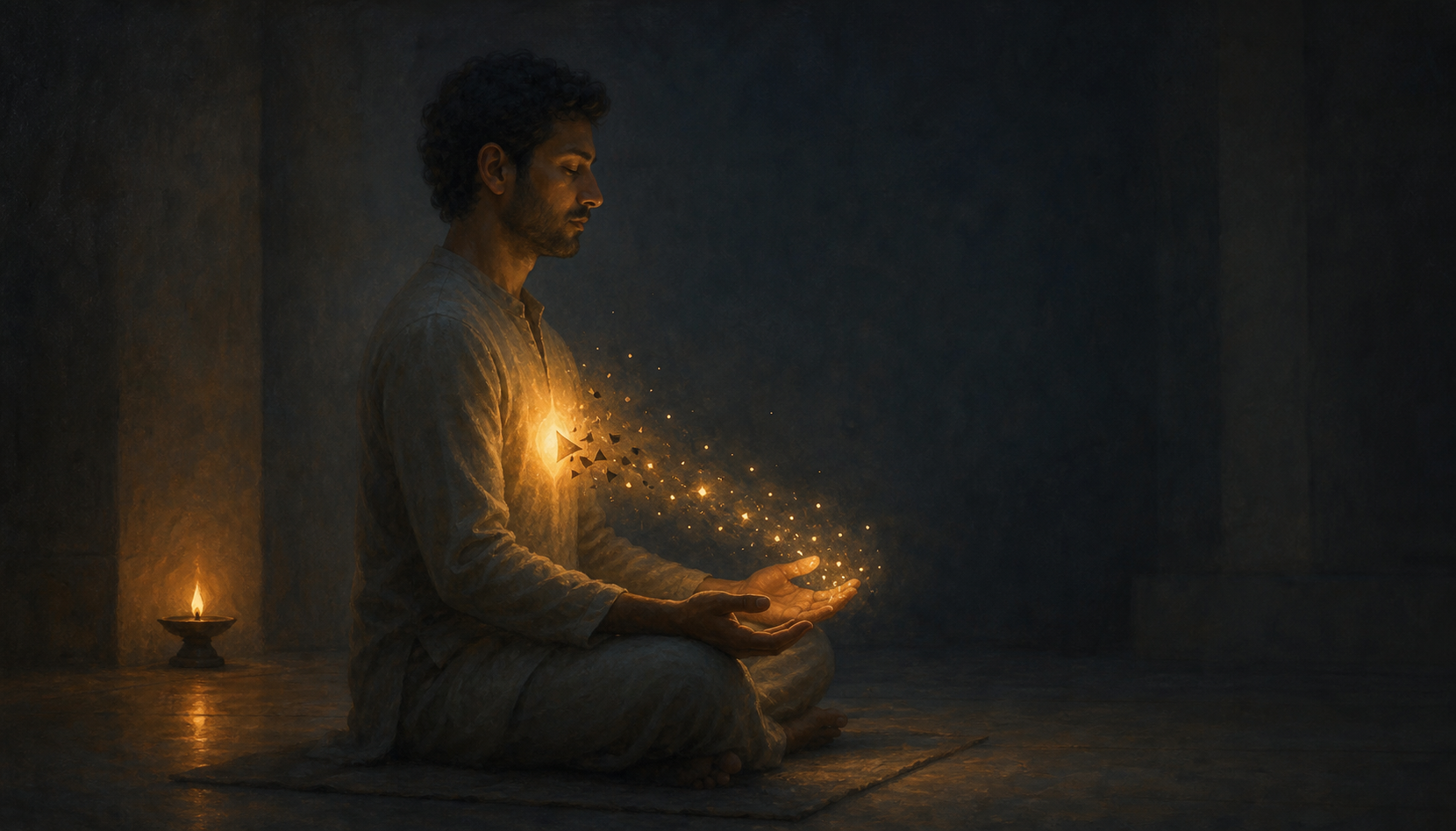 A cross-legged meditator sits in a dim shrine room with a subtle golden flame glowing at the heart and luminous particles moving toward the hands.