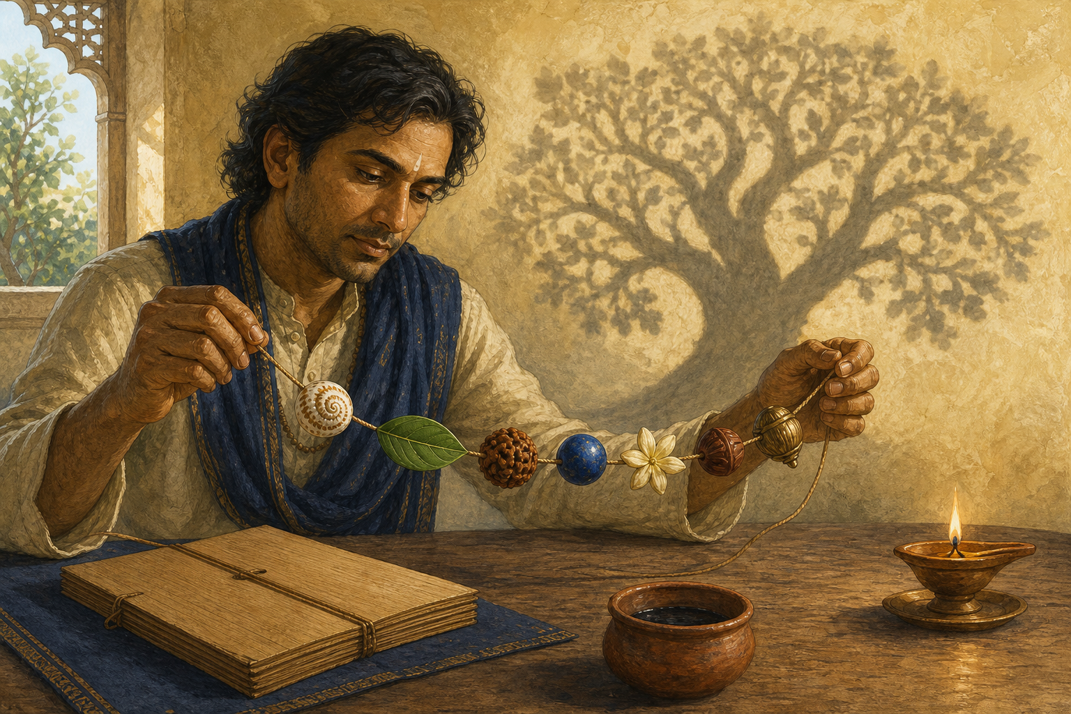 A scholar threads separate beads and natural objects onto a cord, while the completed strand casts the unified shadow of a leafy tree on the wall.