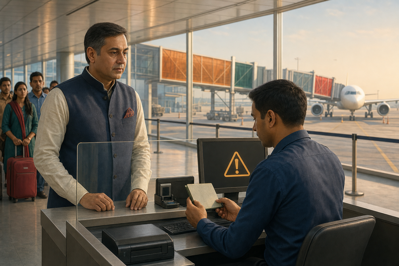 A government adviser waits at an airport immigration counter while an officer reviews his passport beside an abstract alert screen.