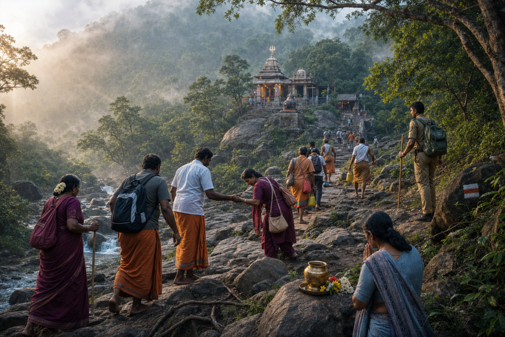 Hindu pilgrims ascend a rocky forest trail toward the Sathuragiri hill temple in Tamil Nadu at misty dawn.