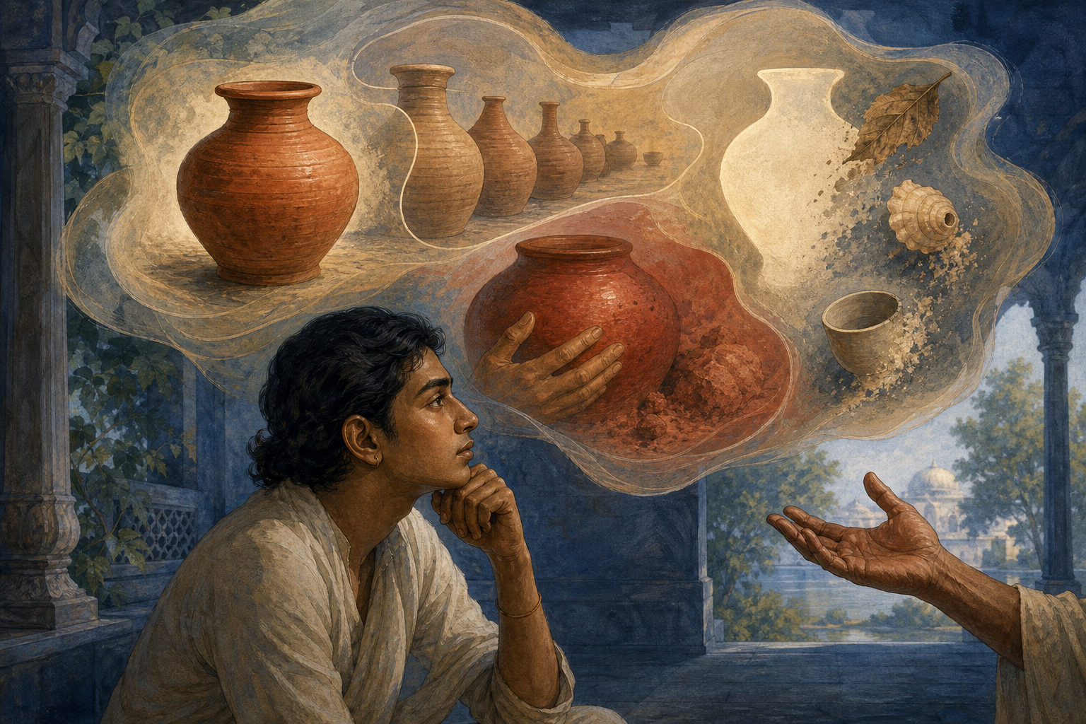 A seated listener imagines an individual clay pot, a family of related pots, a red rounded pot, and a pot-shaped space that excludes unrelated objects.