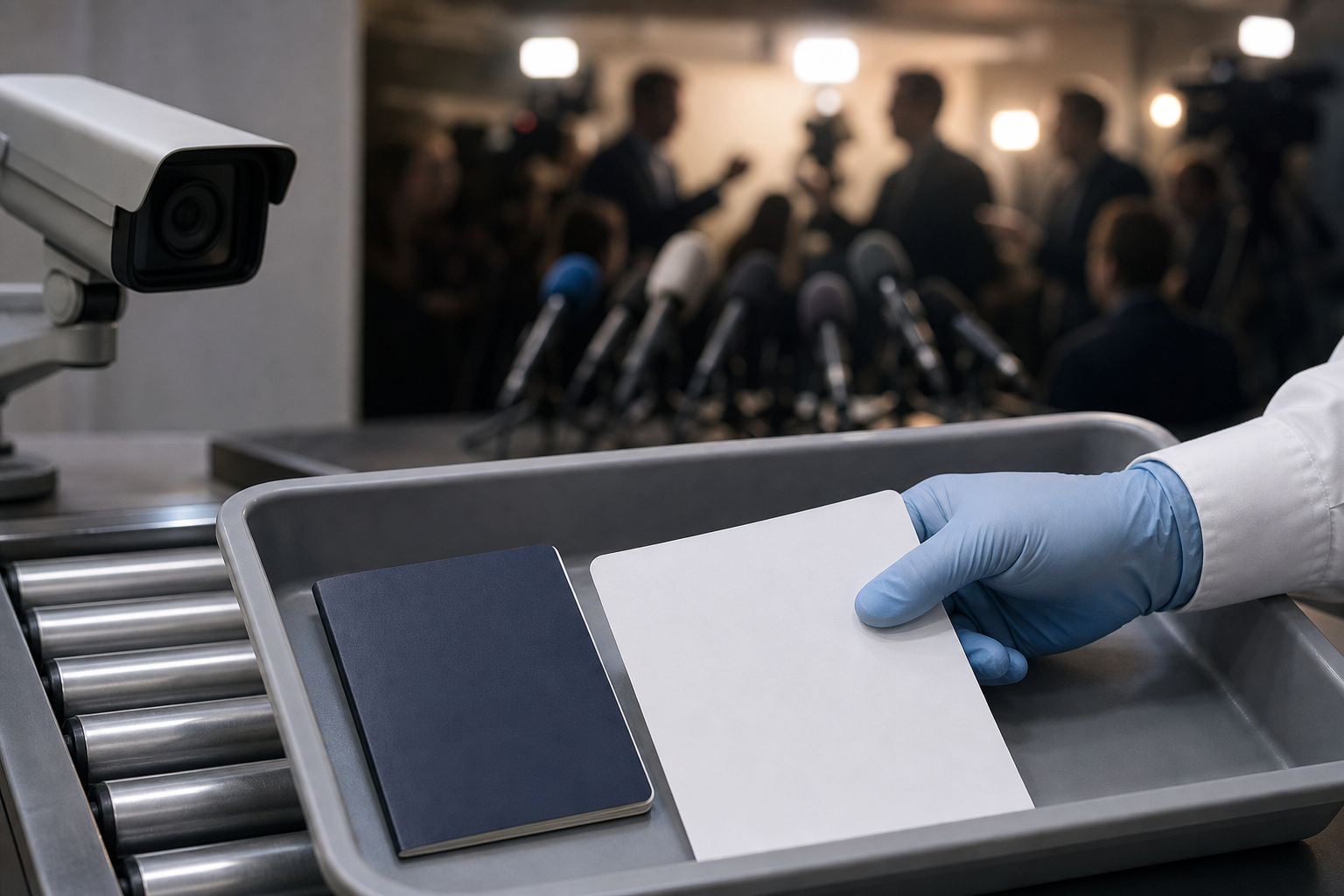 Airport inspection objects appear in sharp focus while microphones and political figures remain blurred in the background.