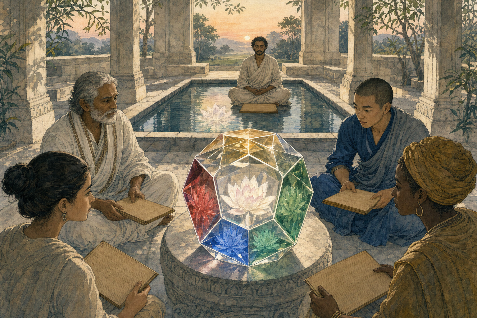 Several readers view different colored reflections of one lotus through separate facets of a crystal, while a meditating reader sits beside a still reflecting basin.
