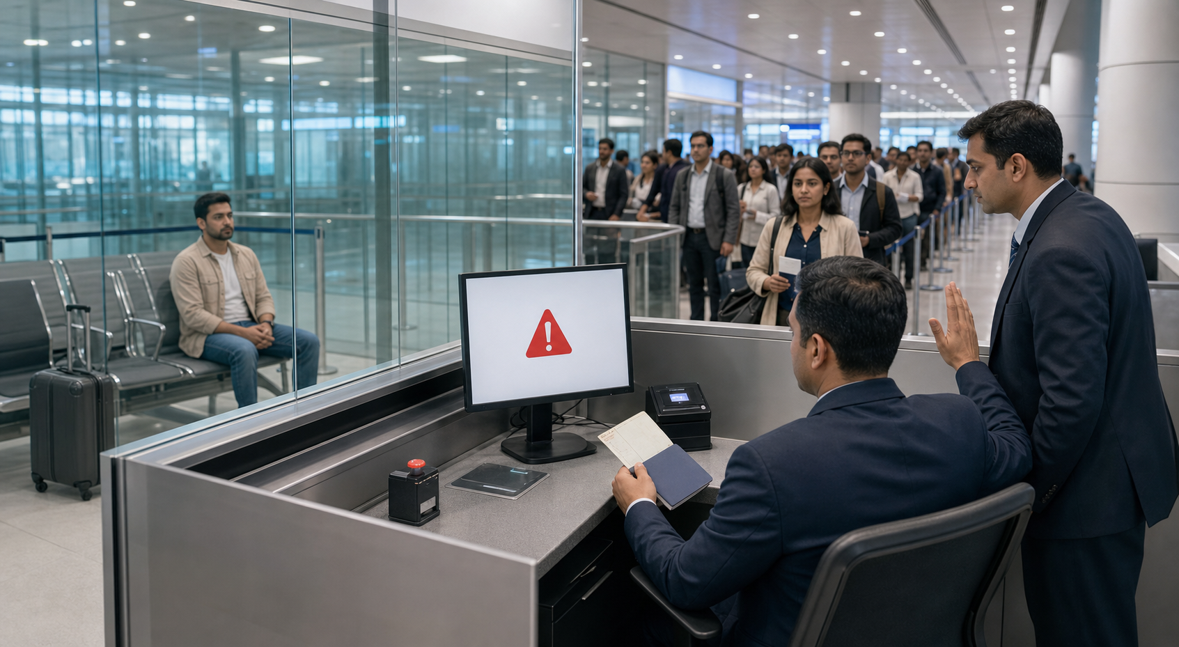An immigration officer responds to a computer alert while a traveller waits in a secondary inspection area.