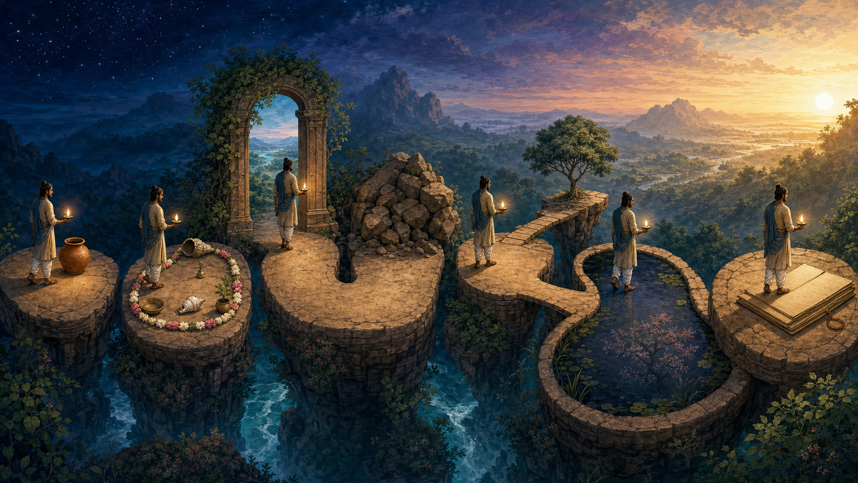 A lamp-carrying reader crosses seven stone platforms marked by a clay pot, joined objects, a doorway, a blocked path, a bridge, a reflecting pool, and an open dawn horizon.