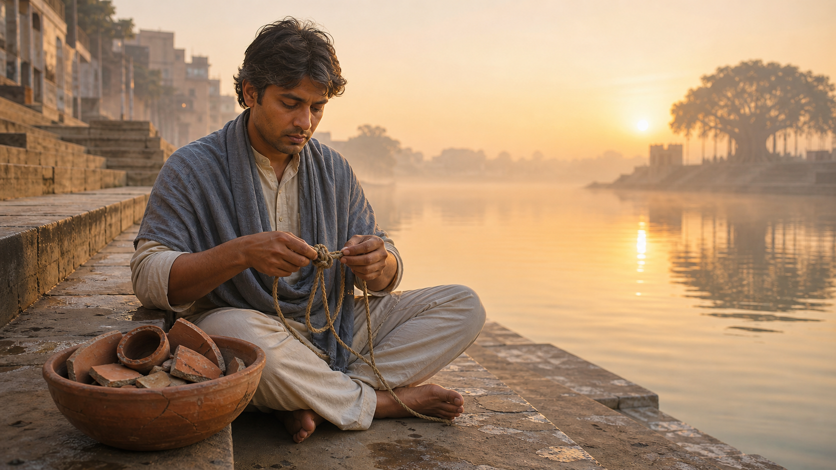 A person seated on riverside stone steps at sunrise loosens a knotted cord beside a bowl holding broken pottery pieces.