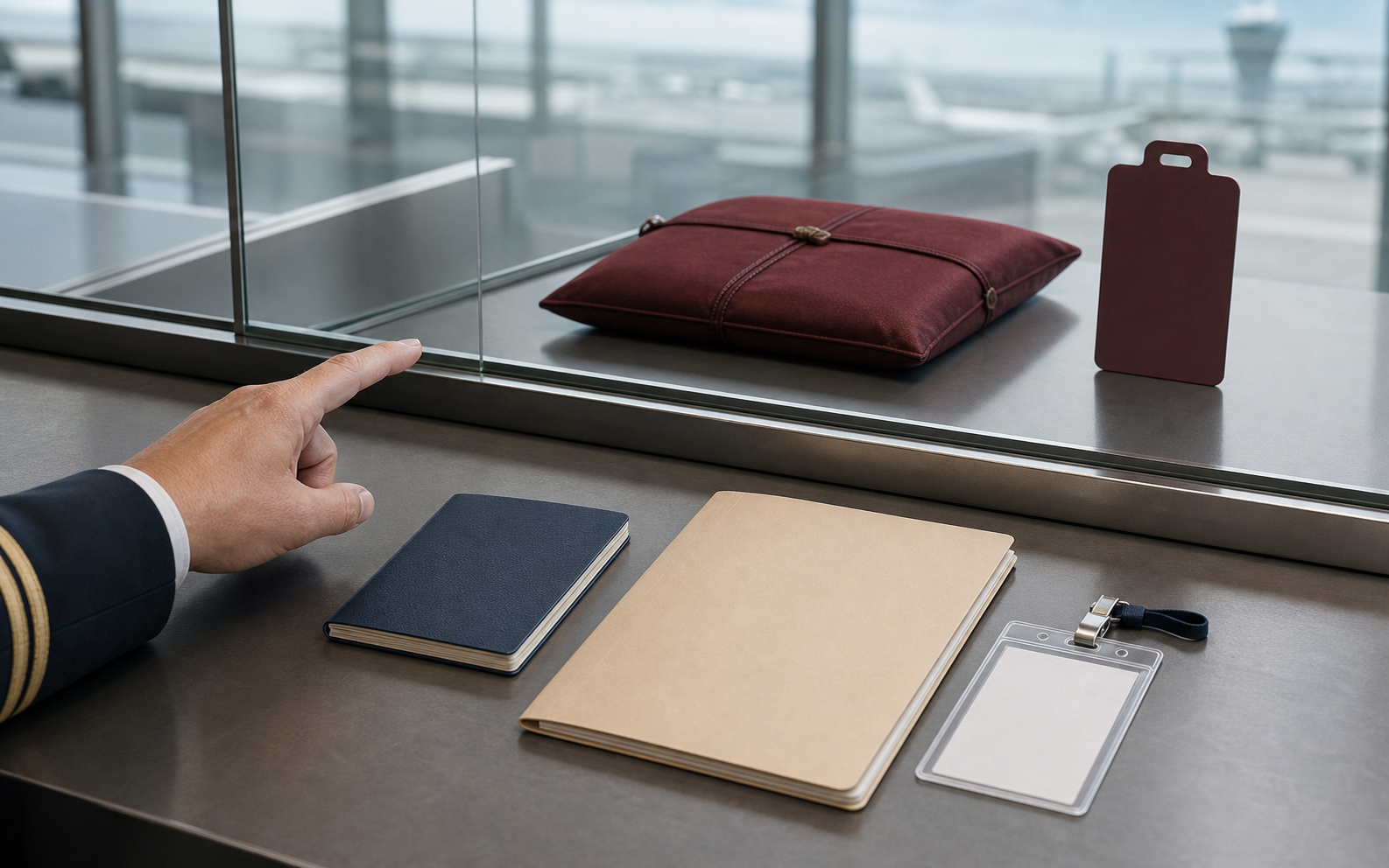 An immigration desk displays ordinary government travel documents separately from diplomatic credentials and a sealed pouch.