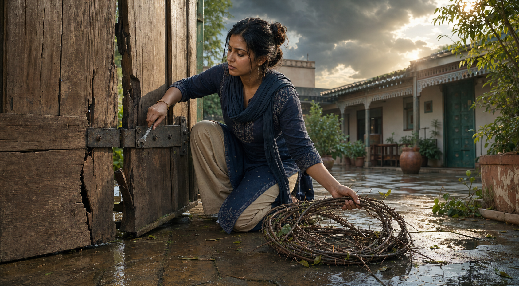 A woman repairs a cracked courtyard gate while placing a thorny vine she had carried onto the ground.