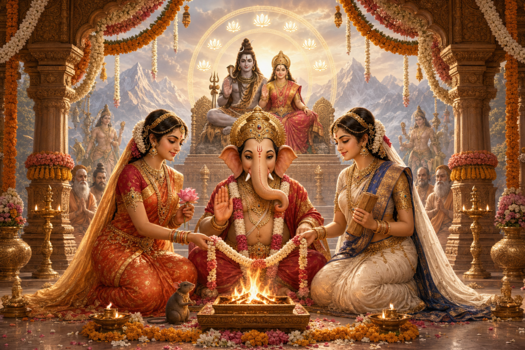 Lord Ganesha seated with Siddhi and Buddhi around a sacred wedding fire as Shiva and Parvati preside in a flower-decked temple mandapa.