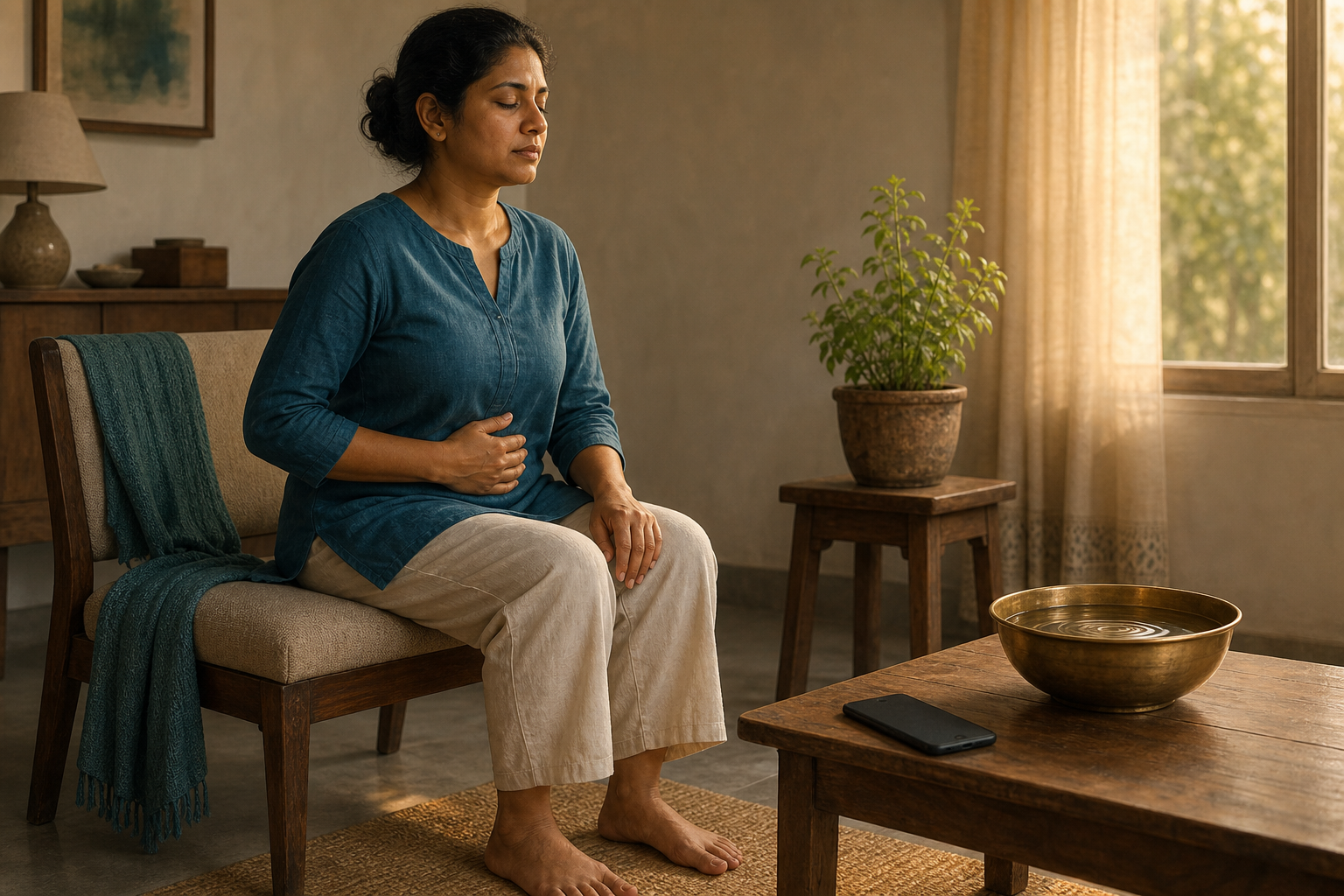 A person pauses to breathe beside a face-down phone and a brass bowl of rippling water in a quiet home.
