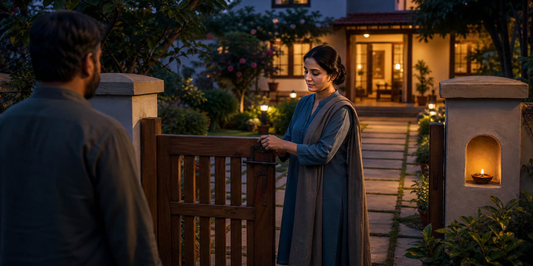 A person calmly secures a courtyard gate while another adult stands at a distance outside and a lamp glows near the home.