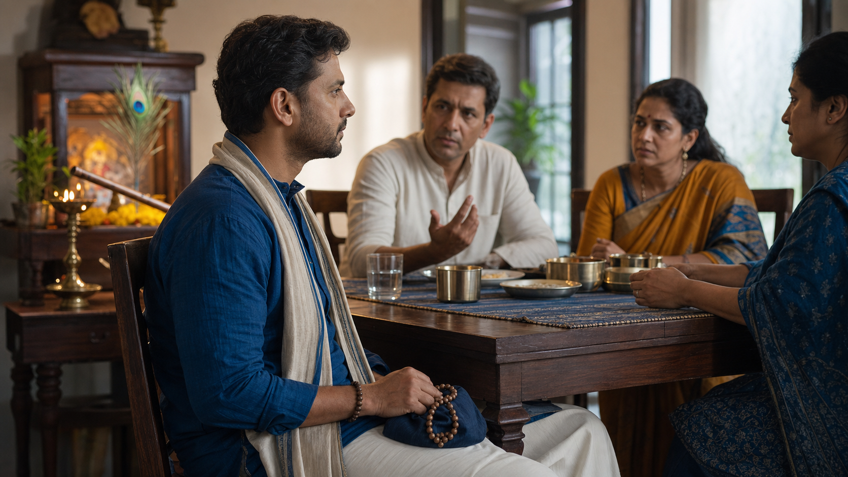 A devotee holding a japa-bead bag pauses and listens during a tense family conversation, with flowers and a lamp at a small devotional space in the background.