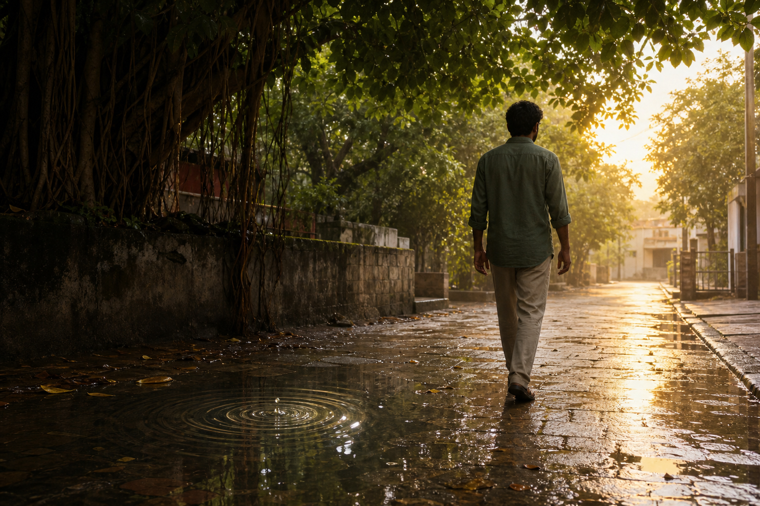 A person continues along a rain-washed lane as fresh ripples spread across a puddle beneath banyan leaves.