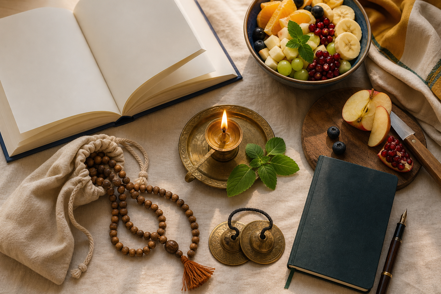 Japa beads, an open book, hand cymbals, fruit for service, and a closed journal are arranged around a glowing brass oil lamp.