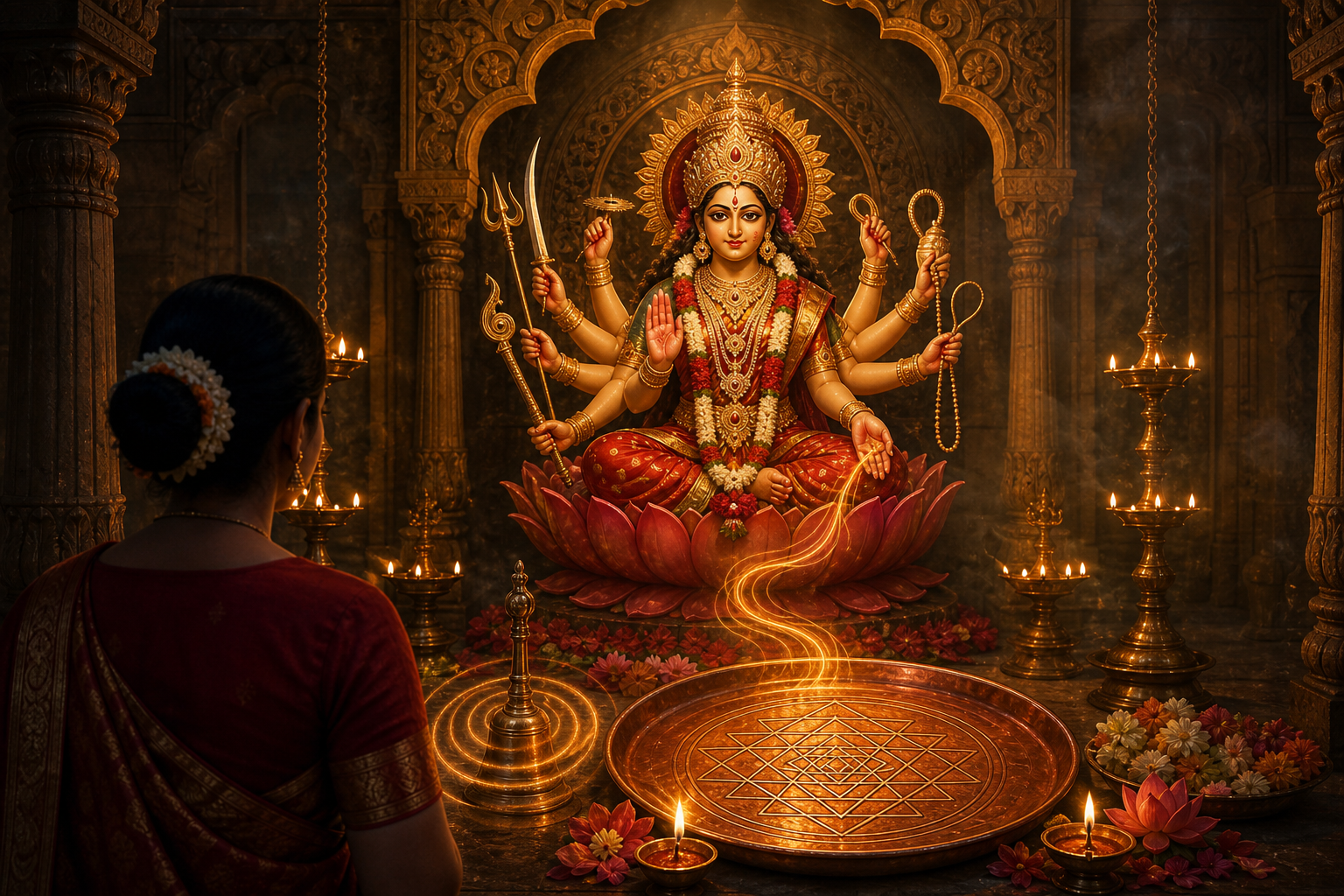 A devotee faces a multi-armed Devi murti in a lamplit shrine with a bell, flower offerings, oil lamps, and a geometric yantra plate.