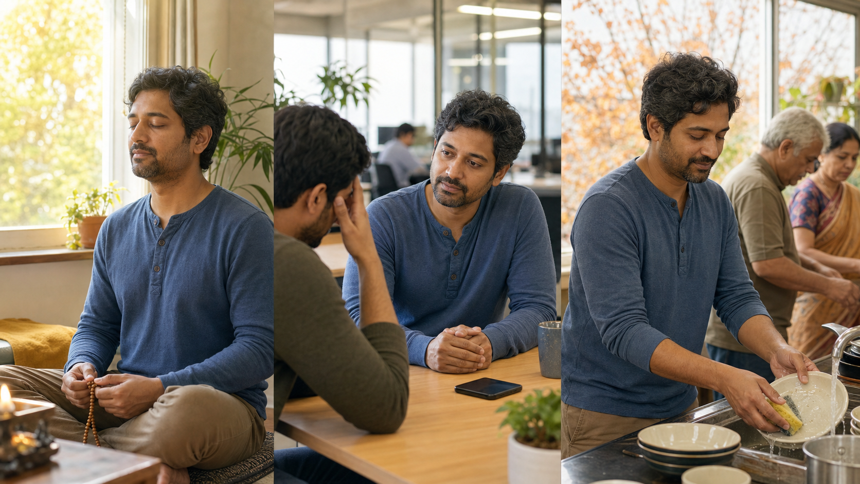 Three connected scenes show the same devotee chanting, listening attentively to a coworker, and washing dishes after a community meal.