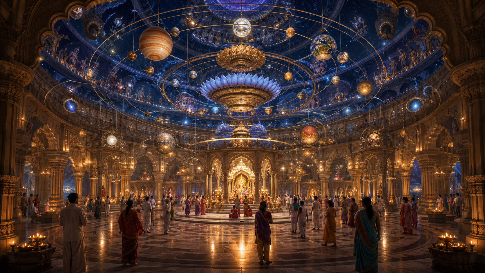 Pilgrims walk through a vast domed temple hall beneath suspended concentric spheres and ascending celestial levels illuminated in gold and indigo.
