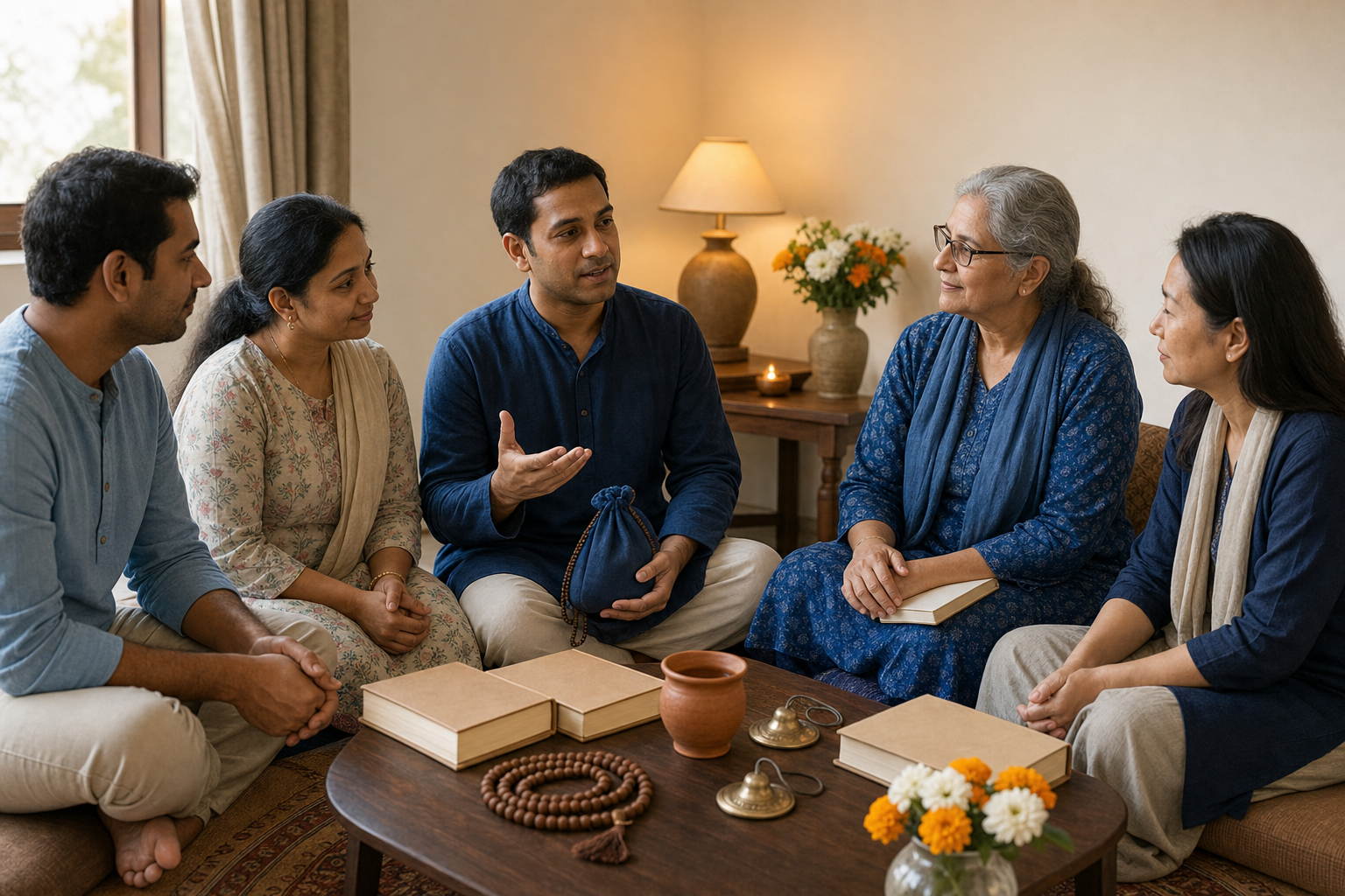 A participant speaks while four members of a devotional study circle listen around a low table holding beads, books, cymbals, flowers, and a lamp.