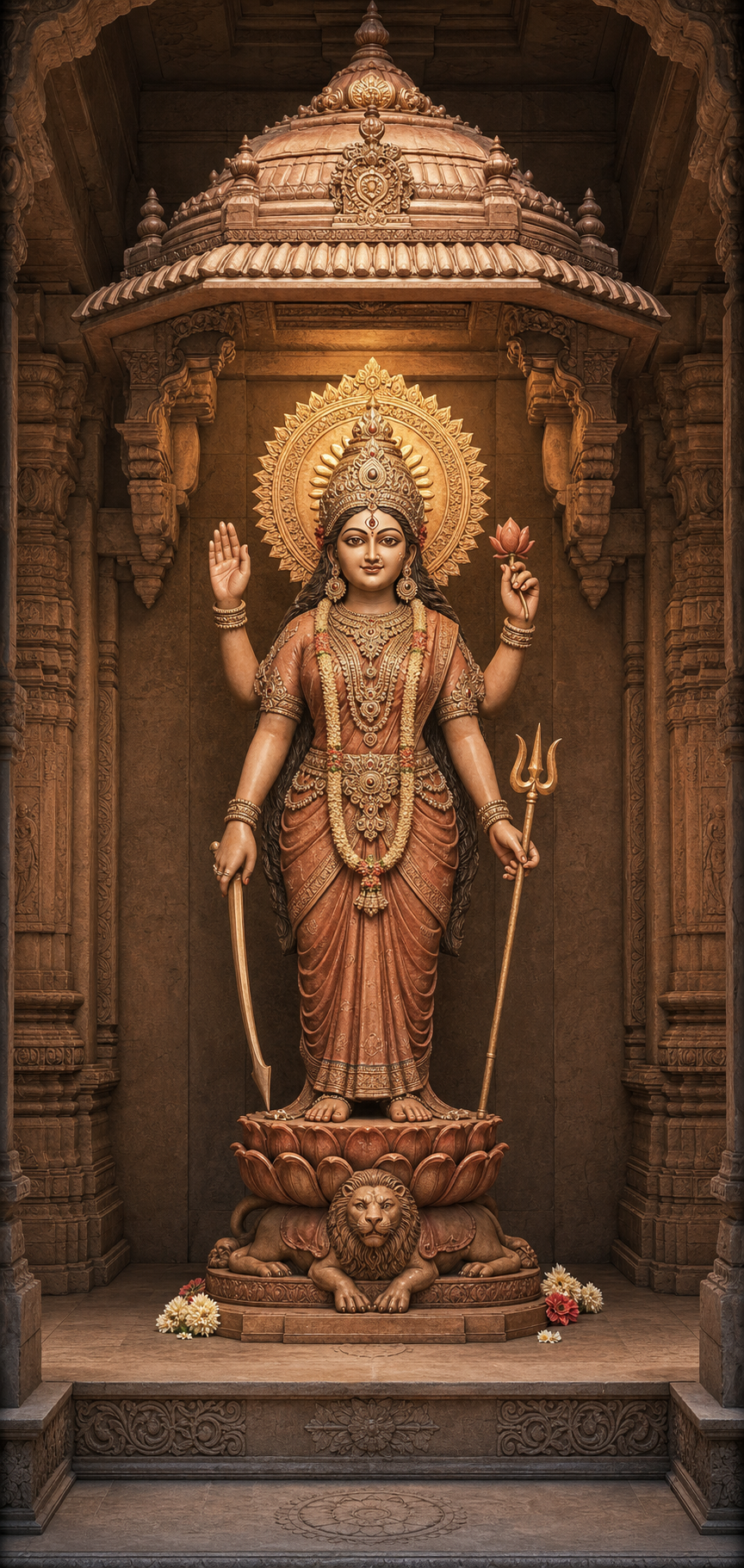 A full-length Devi murti is shown from its carved base and lotus pedestal to its hand gestures, face, crown, and halo.
