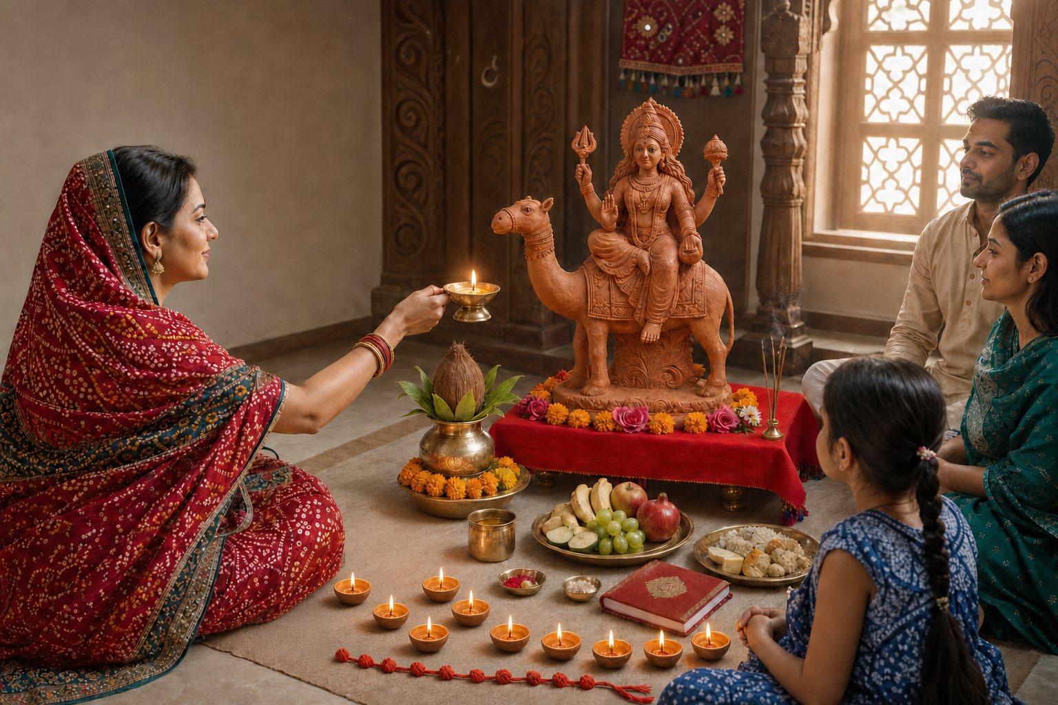 Gujarati woman performs aarti before a clay Dasha Maa murti on a camel during Dashama Vrat in a family home.