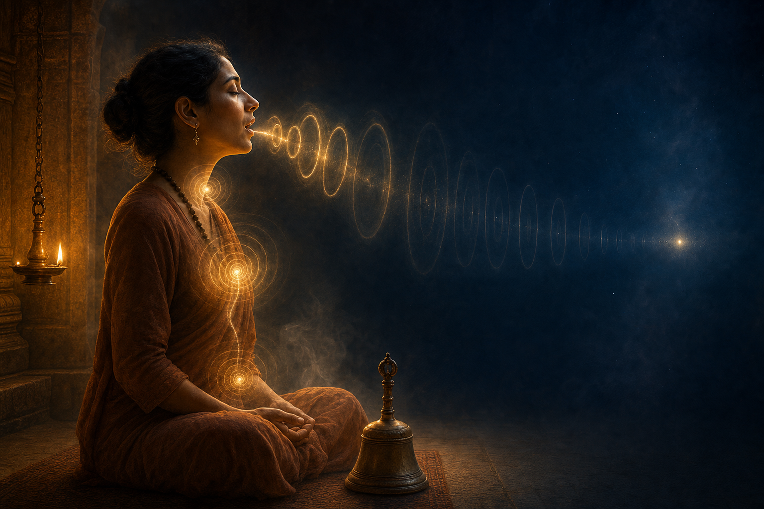 A seated woman chants beside a bronze bell as luminous waves narrow and dissolve into a point of light near her head.