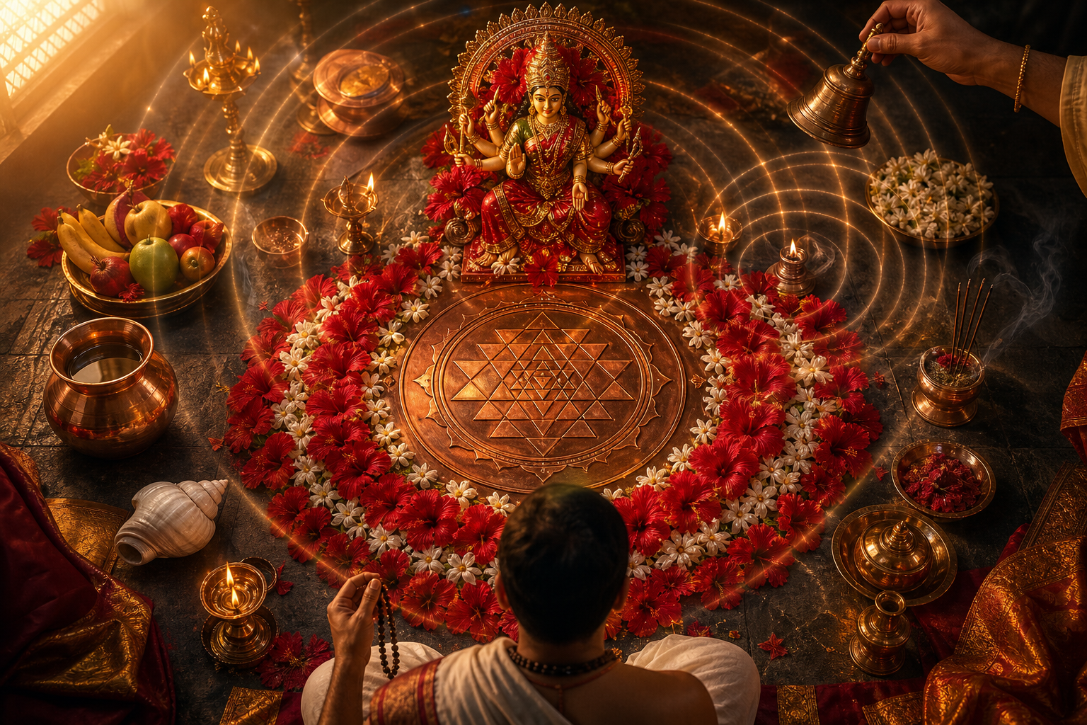 A Shakta puja includes a Devi murti, copper yantra, flowers, bell, prayer beads, lamp, incense, and ritual vessels arranged in a circle.