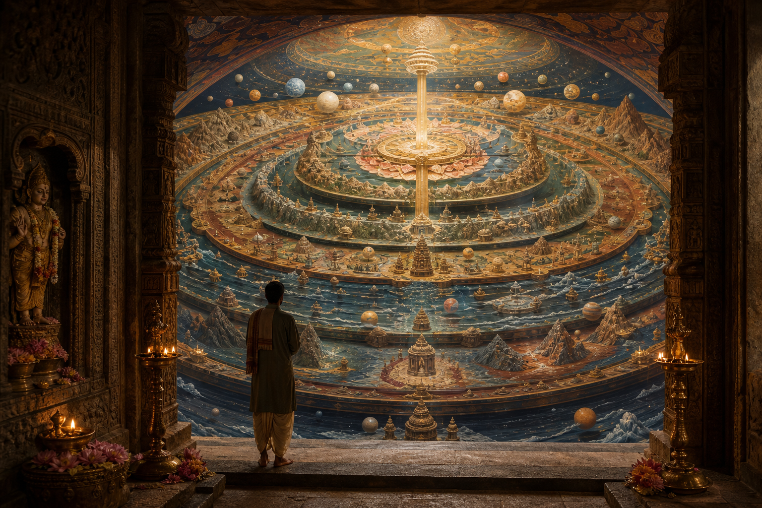A visitor observes a layered three-dimensional cosmic model beside a lamp-lit temple worship space.