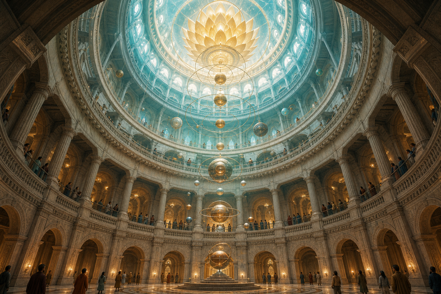 Circular balconies, columns, and suspended spheres draw the eye upward through a domed temple interior toward a glowing lotus-shaped crown.