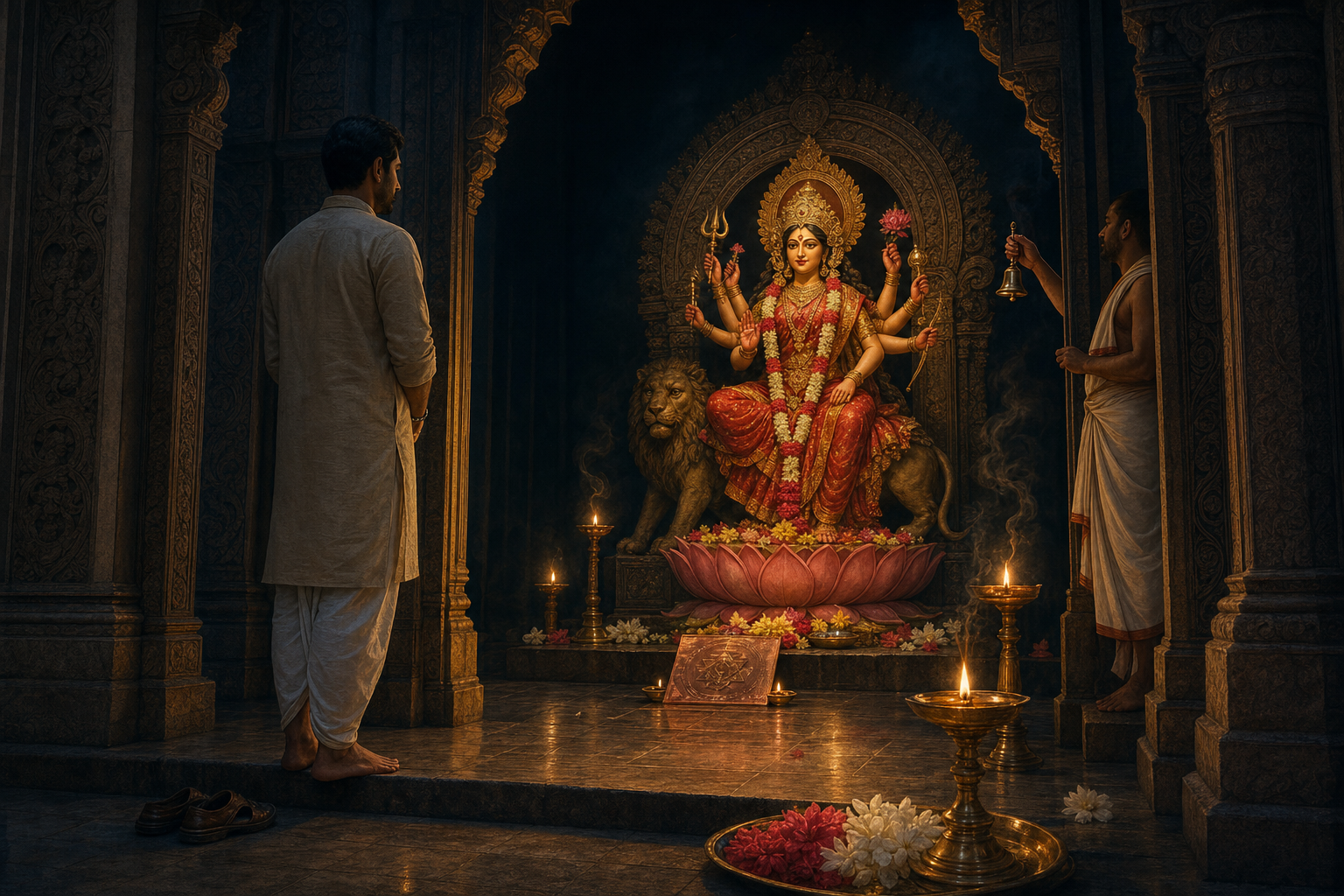 A visitor observes a Devi shrine from the threshold while a priest rings a bell beside lamps, flowers, and a copper yantra.