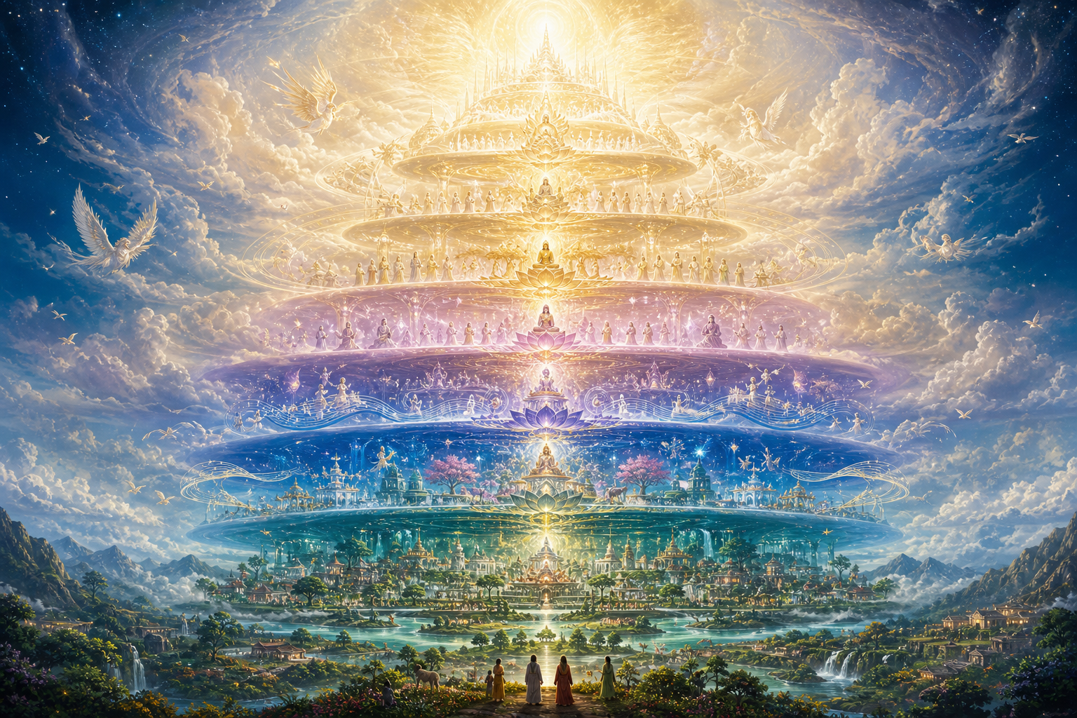 Seven luminous realms ascend around a lotus-like central axis, changing from a detailed earthly tier below to spacious golden levels above.
