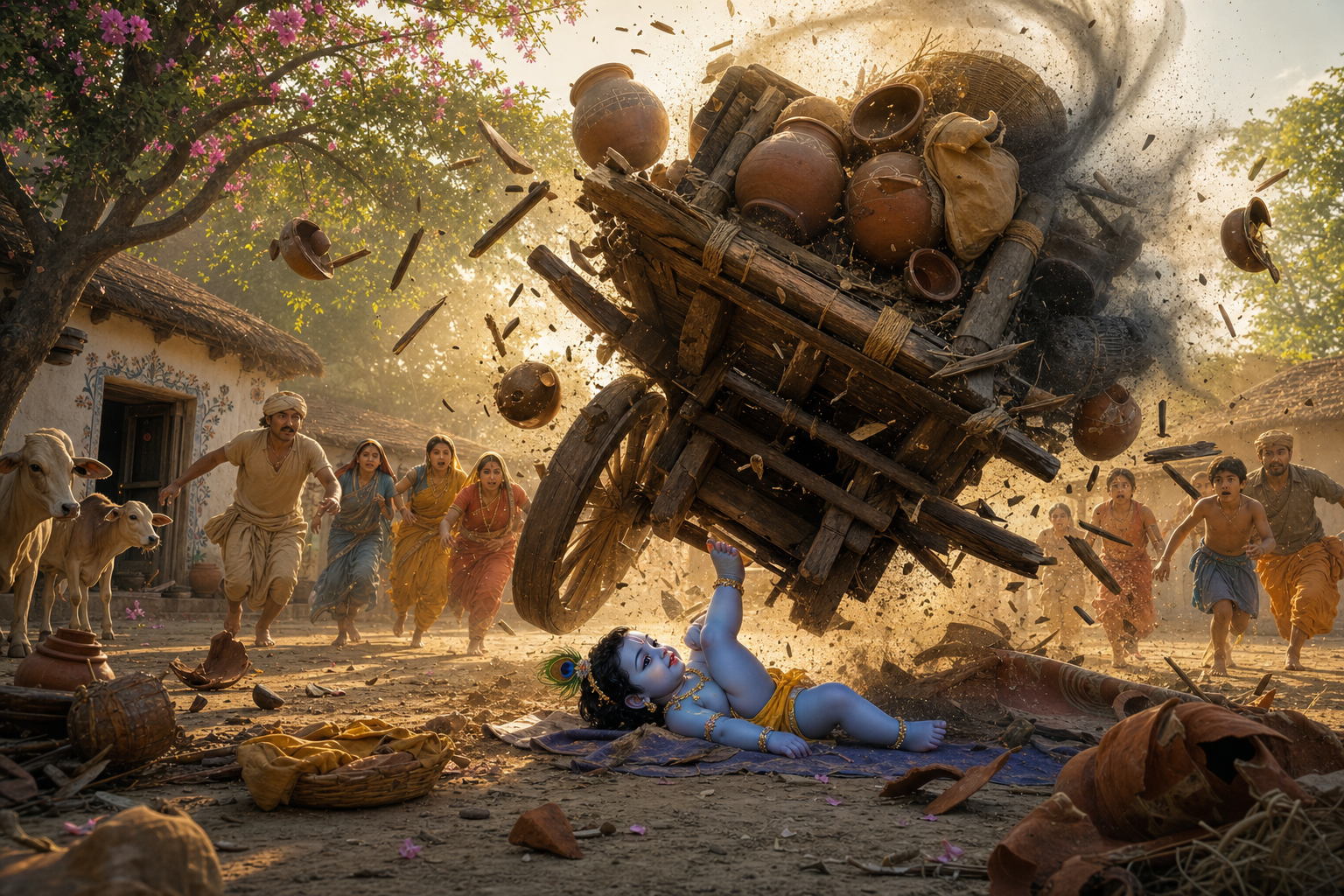 Infant Krishna raises one foot beneath an overturning wooden cart as clay pots fall and cowherd families rush across a pastoral courtyard.
