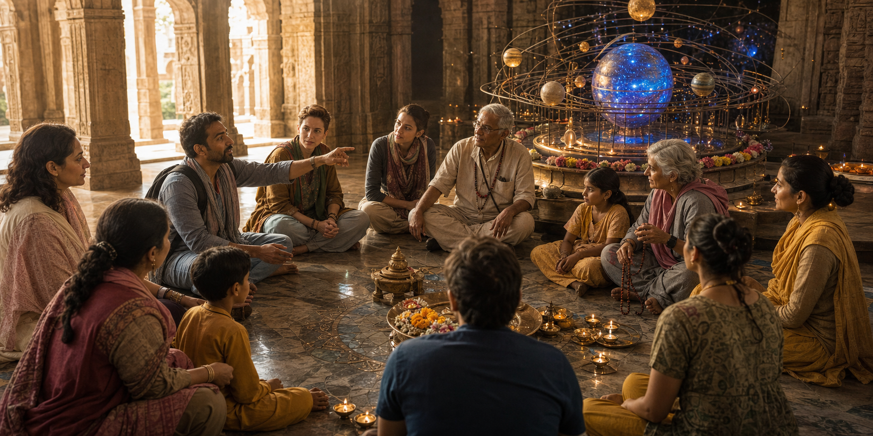 Pilgrims, students, families, and a temple guide discuss a glowing cosmic model beside flower offerings and oil lamps.