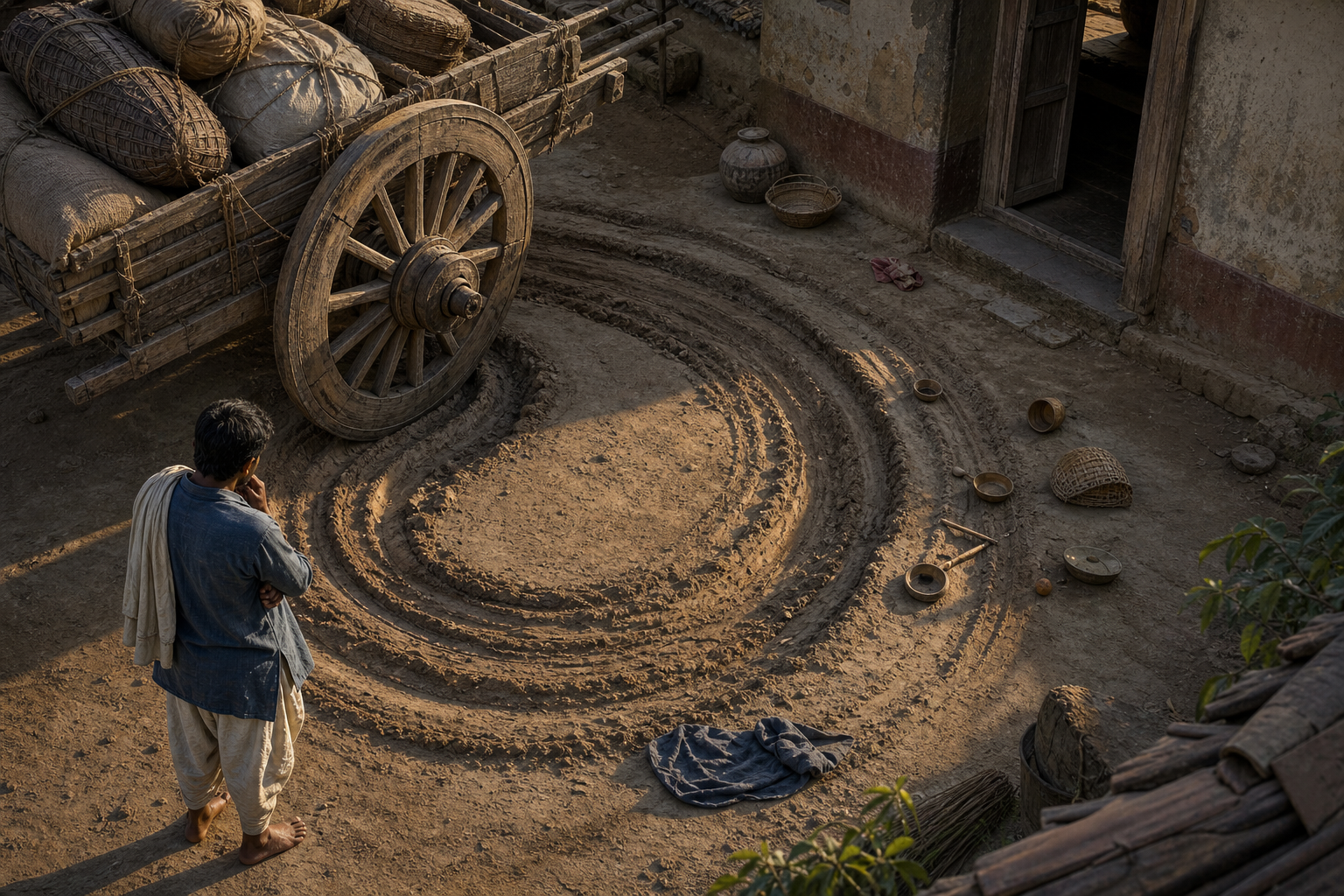 A heavily loaded wooden cart follows a deep circular rut through a village courtyard while a person pauses to examine the repeated wheel tracks.