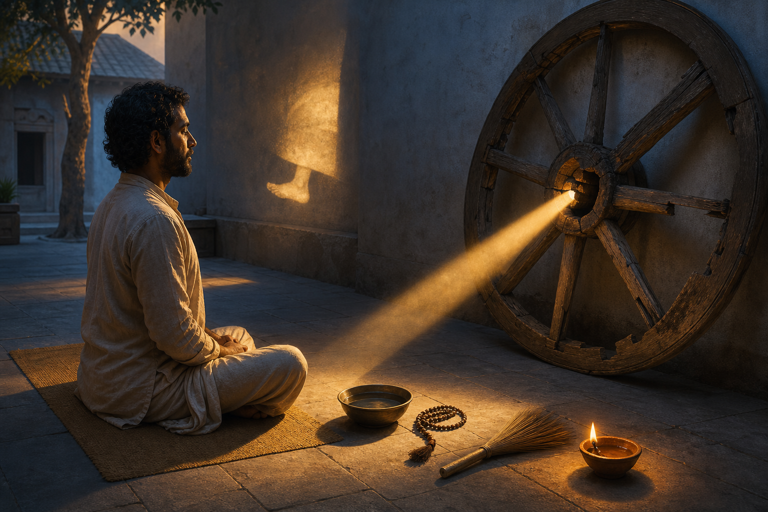 A meditator sits beside a broken cart wheel as dawn light illuminates prayer beads, a water bowl, an oil lamp, and a swept path.