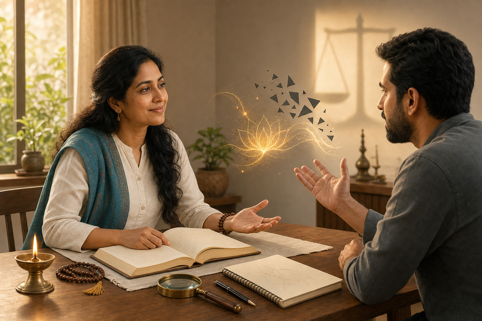 South Asian spiritual practitioner calmly listens during a respectful conversation beside a sacred book, oil lamp, and prayer beads.