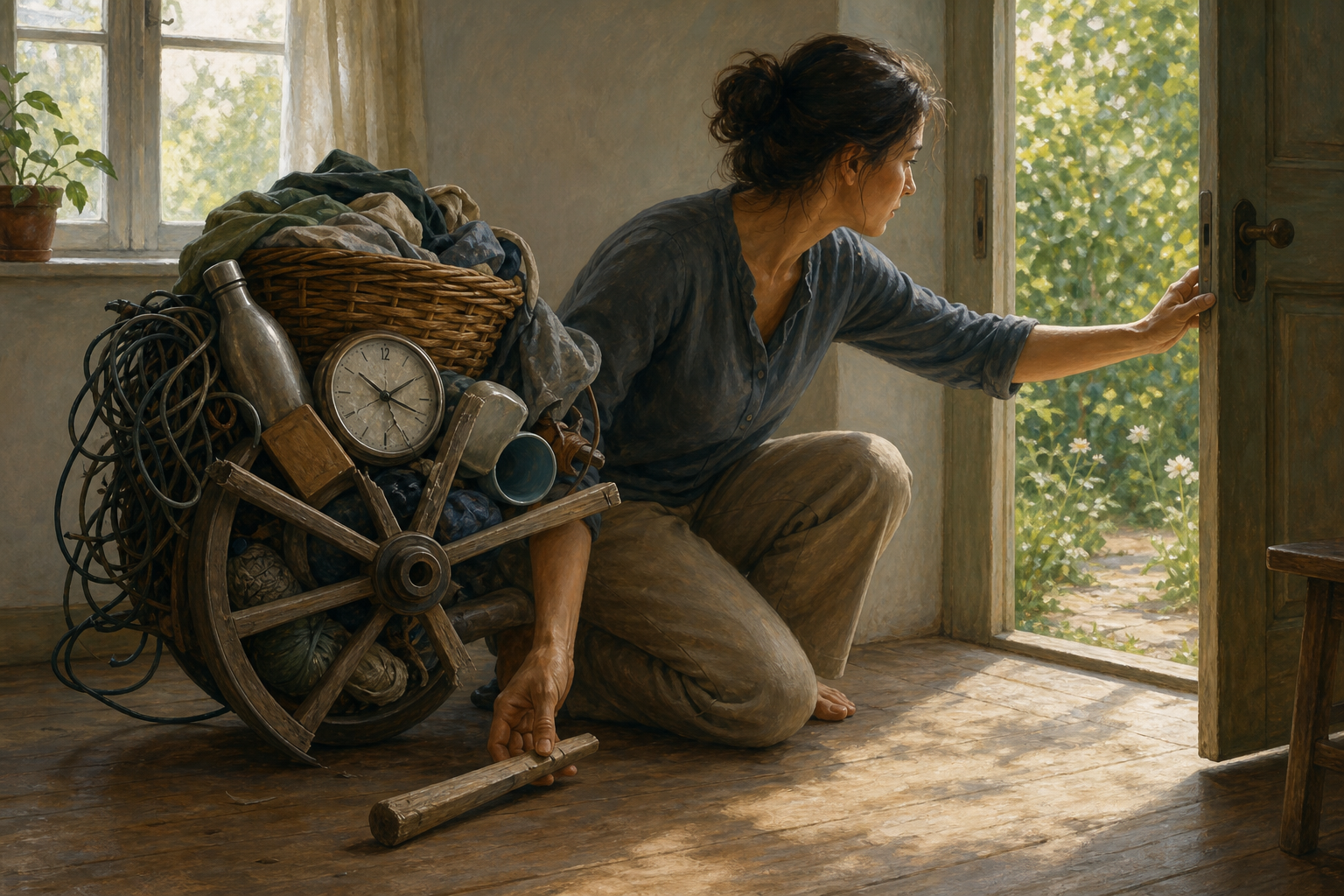 A person removes a wooden spoke from a wheel made of everyday objects while opening a door toward a sunlit green garden.