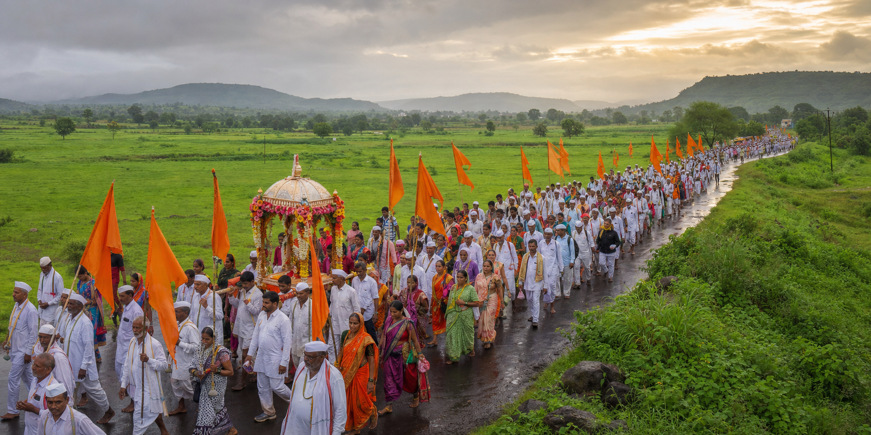Warkari pilgrims carrying saffron flags walk with a decorated Palkhi chariot along a wet road through green monsoon fields in Maharashtra.