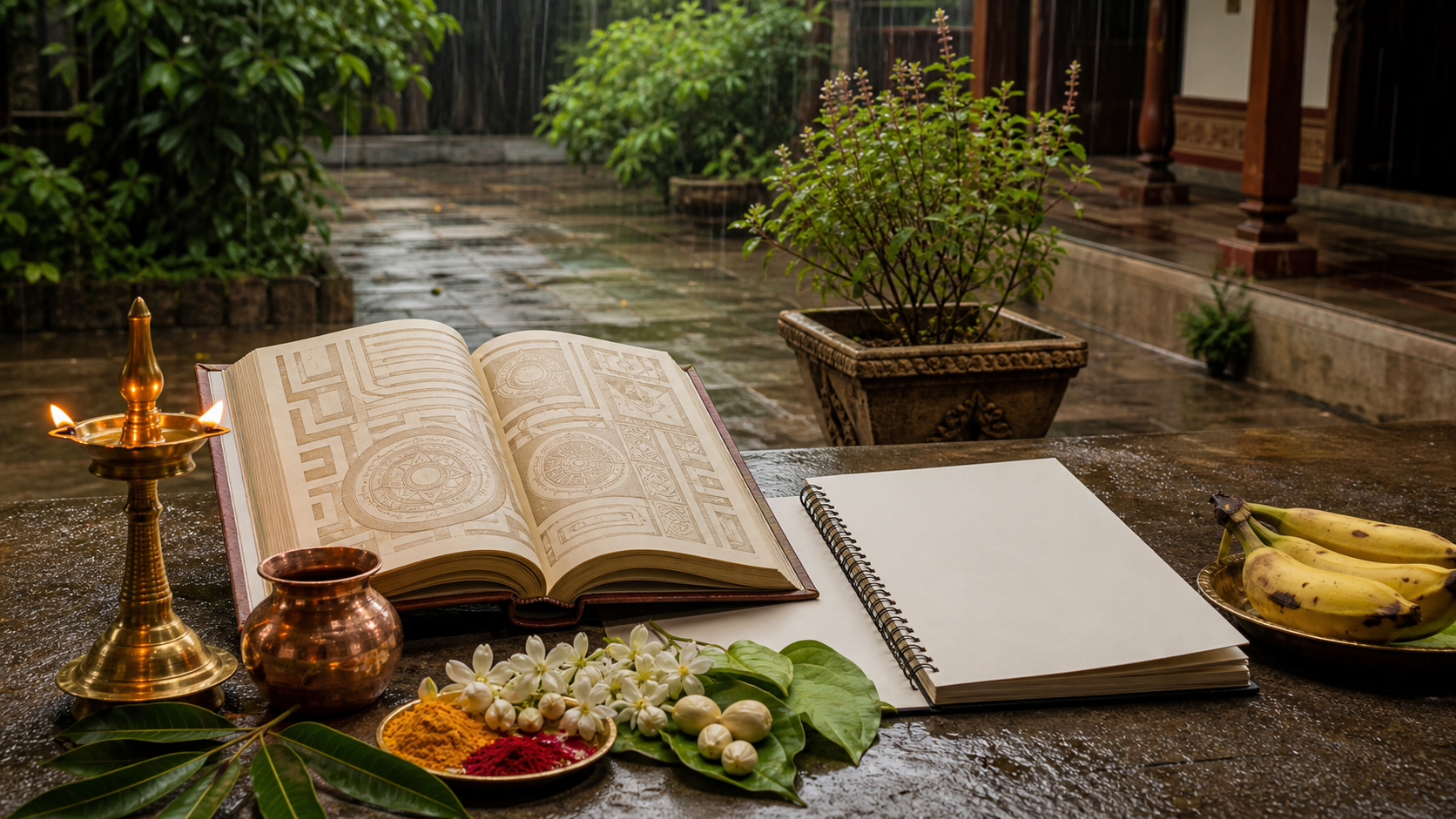 An open almanac and blank planner sit beside a brass oil lamp, flowers, leaves, fruit, and puja vessels in a rain-damp South Indian courtyard.