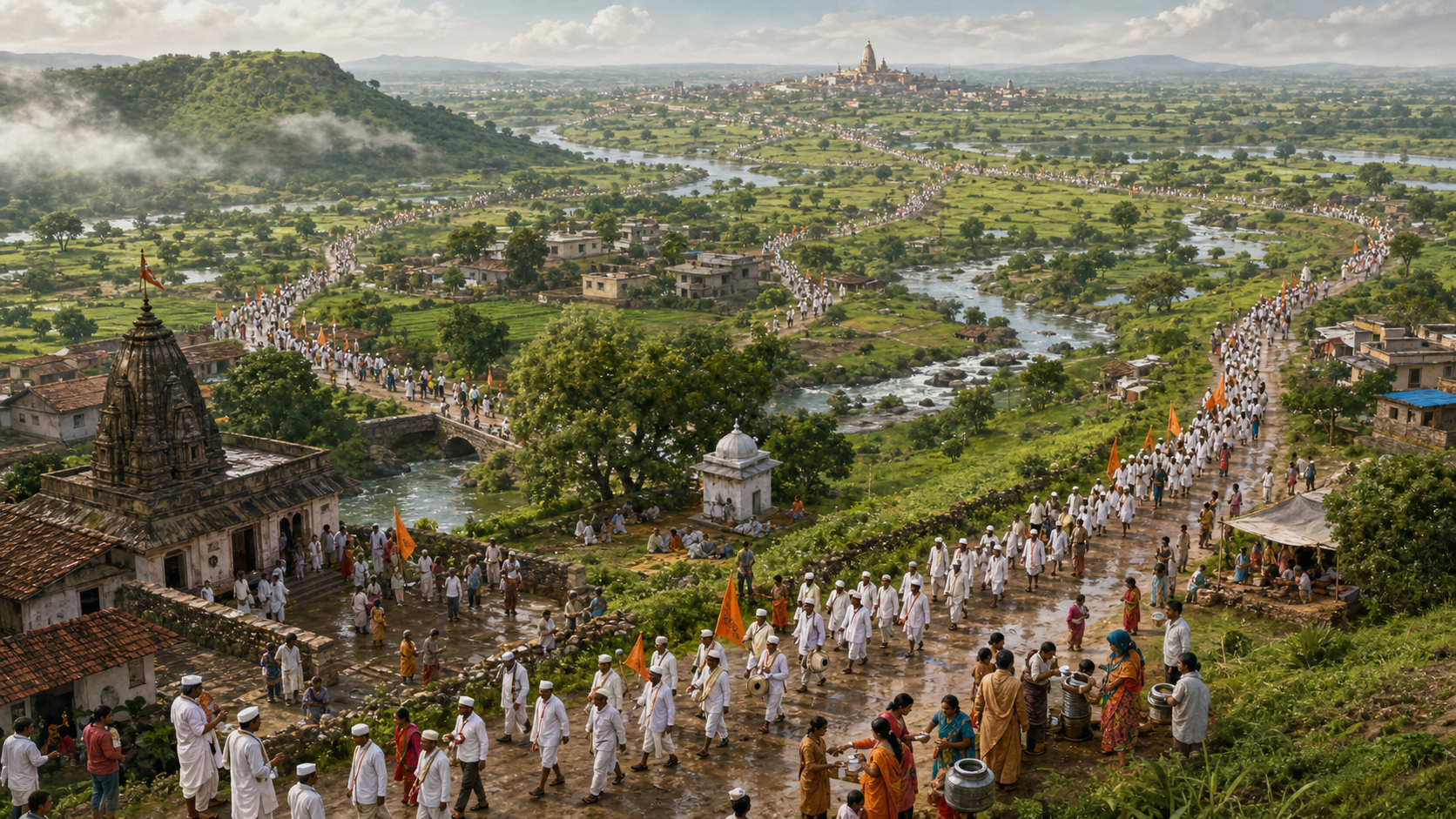 Several Warkari processions follow different roads through towns and farmland toward a distant pilgrimage center, with villages and rest grounds supporting the routes.