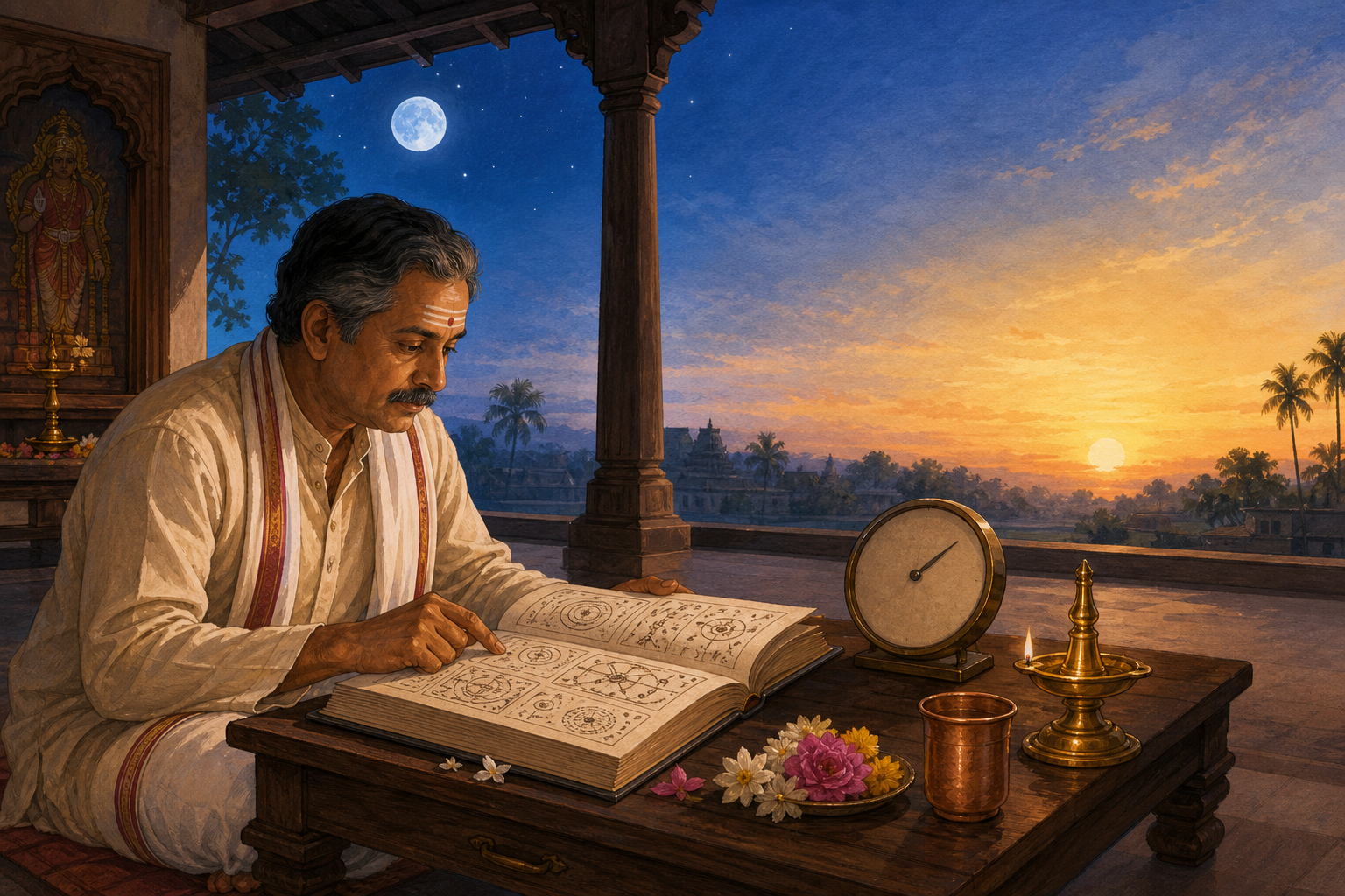 A Telugu calendar keeper consults an open almanac beside a numberless clock as the sky changes from a visible moon to sunrise.