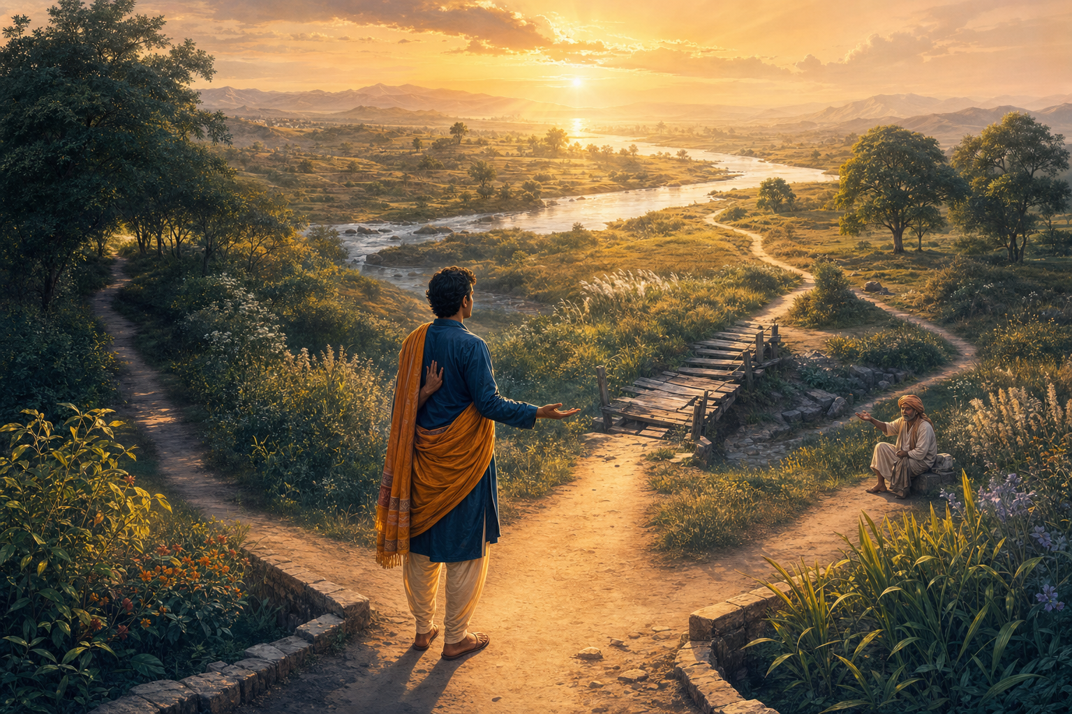 A contemplative person pauses on a sunlit path near a broken footbridge and another traveler, with a river and dawn-lit landscape beyond.