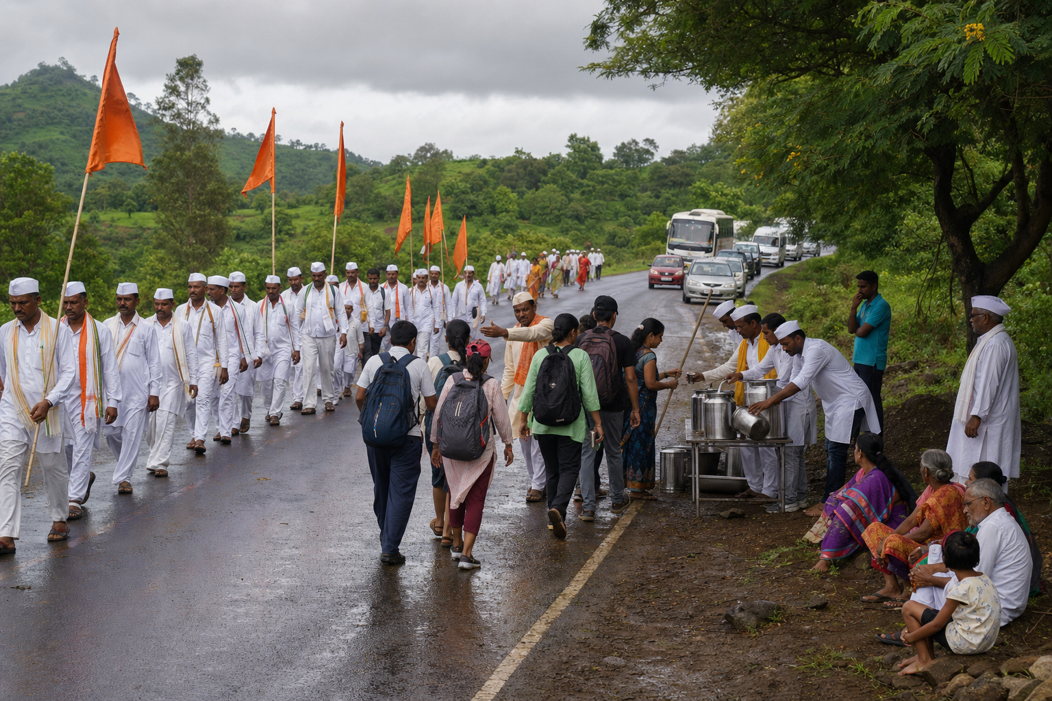 Full-route walkers, short-stage participants, water volunteers, and roadside visitors take part in a Wari procession in different ways.