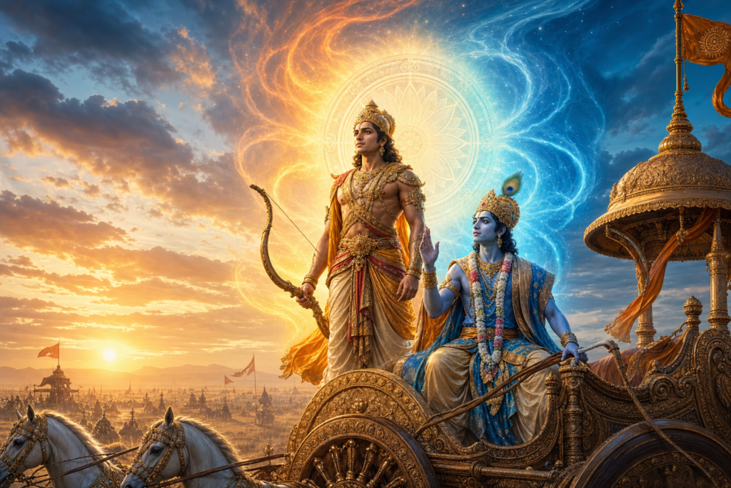 Krishna counsels bow-holding Arjuna on an ornate chariot as blue and golden light unite over Kurukshetra at sunrise.