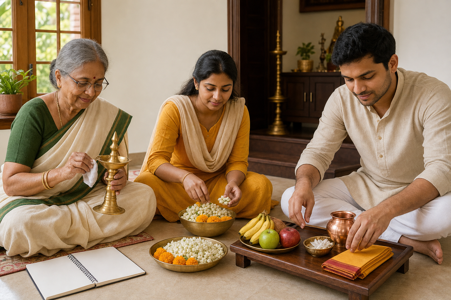 Three members of a Telugu family prepare flowers, fruit, a brass lamp, cotton wicks, and a copper vessel in a home prayer area.
