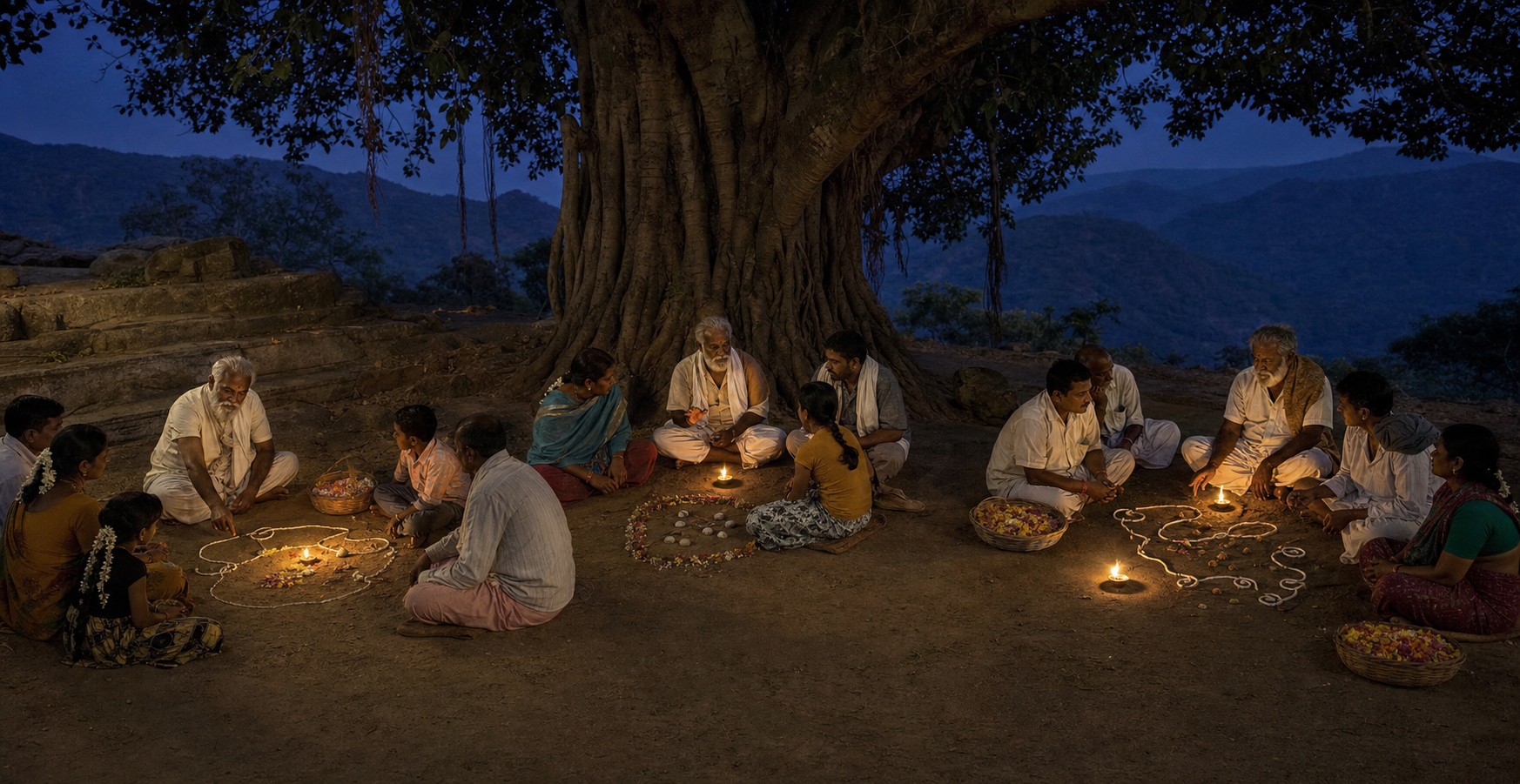 Three groups of pilgrims listen to storytellers beside different arrangements of stones, flower petals, and coiled cord under a banyan tree at dusk.