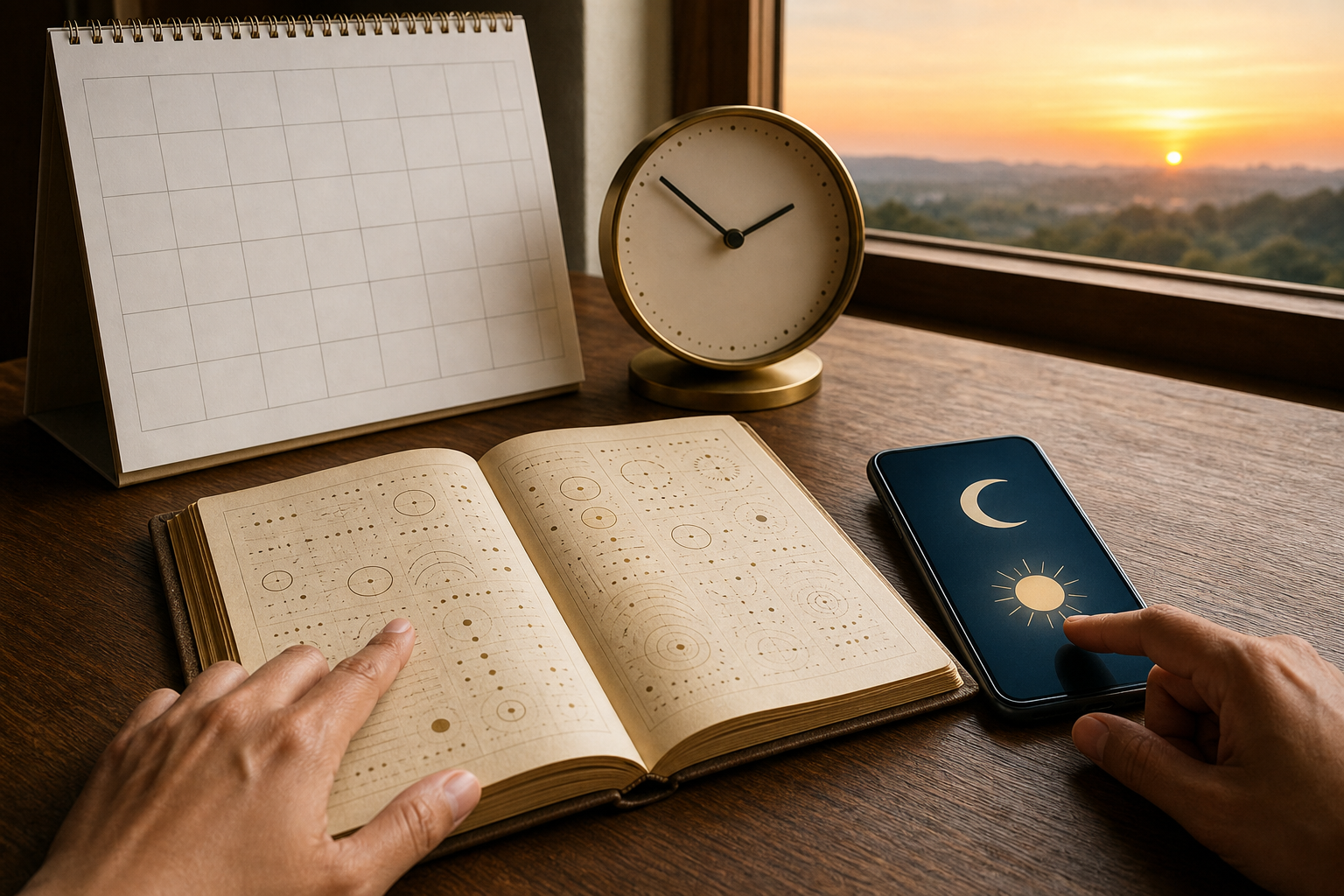 Two hands compare a blank desk calendar, an open almanac, a numberless clock, and a phone showing simple moon and sun symbols.
