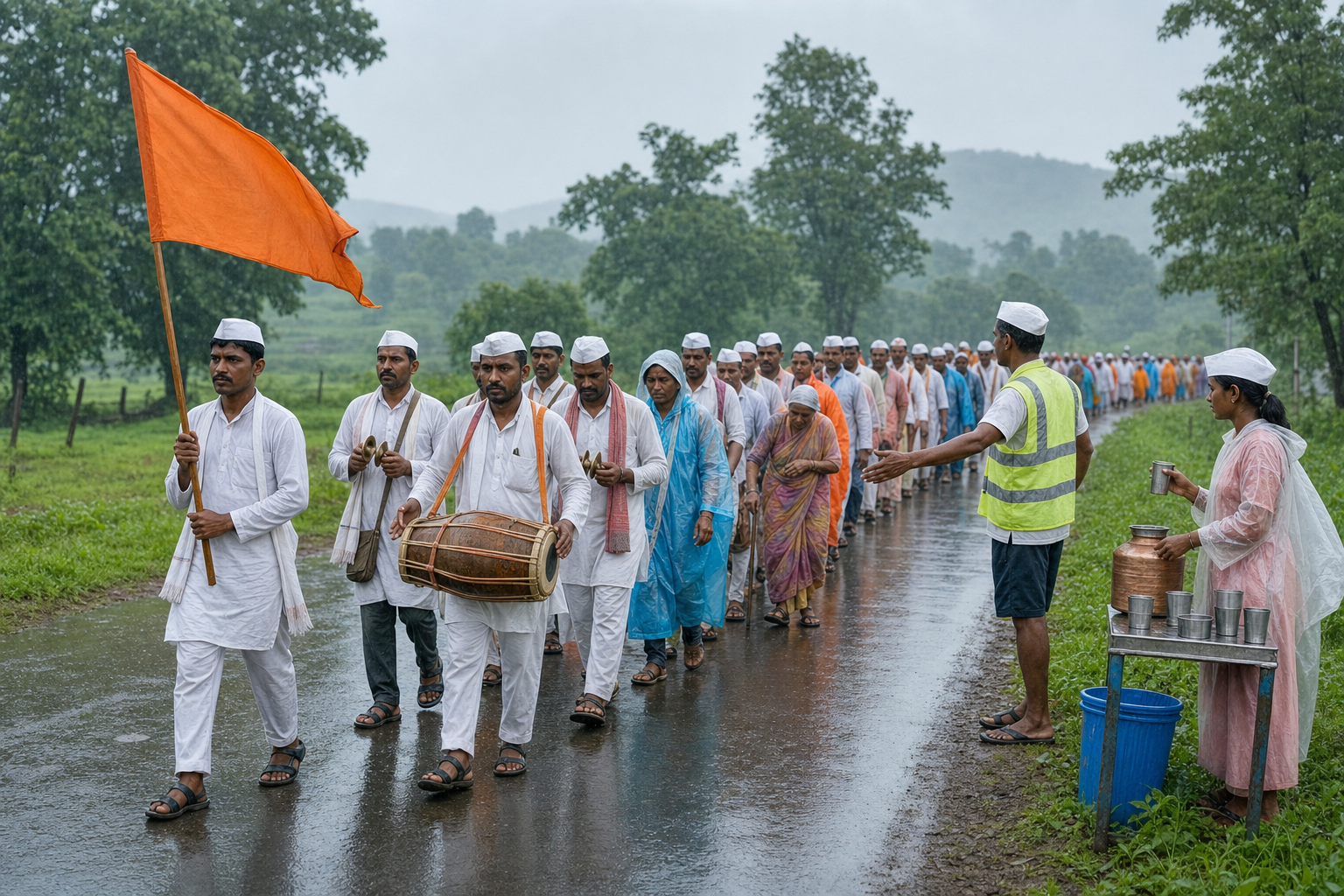 An orderly dindi walks behind a saffron flag while volunteers manage the procession edge and offer water to pilgrims.