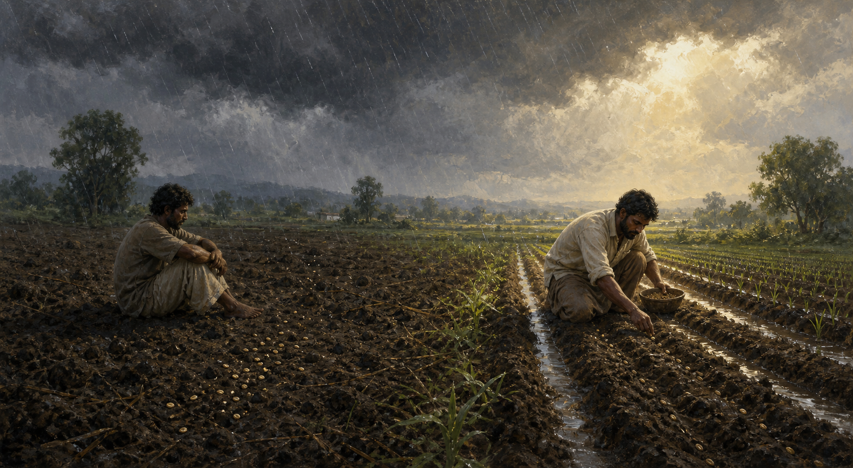 Two people occupy the same rainy field: one sits beside unplanted seeds while the other plants seeds and channels water through prepared furrows.