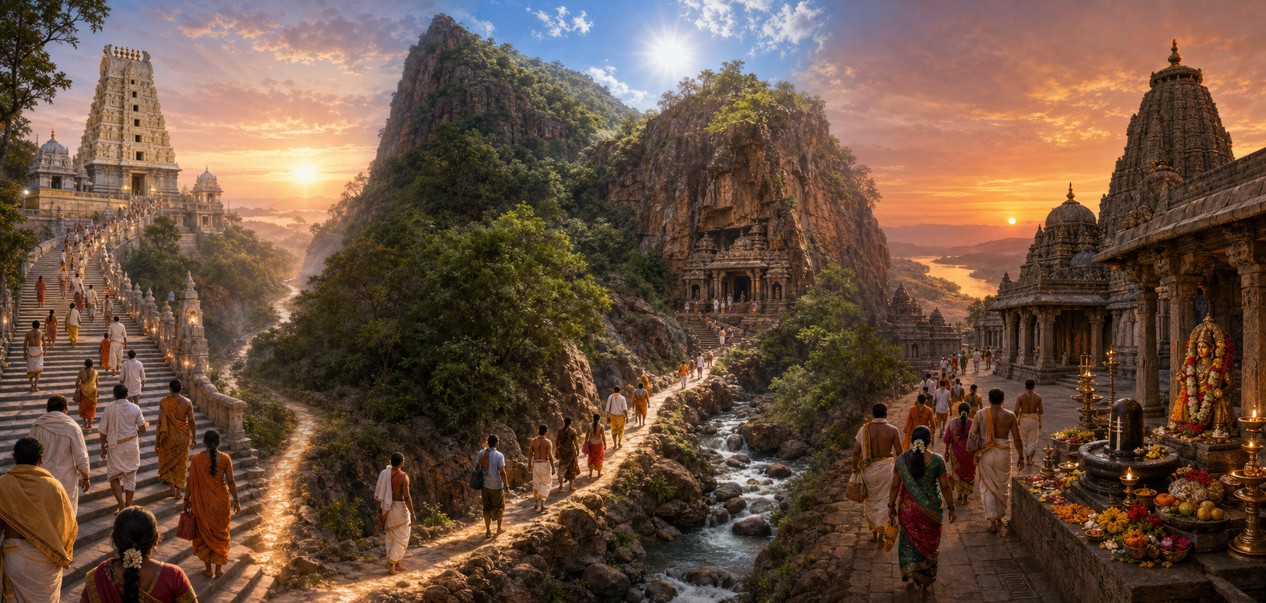 A continuous path connects pilgrims at a Tirumala hill temple, a rugged forest shrine at Ahobilam, and a stone temple complex in the Srisailam highlands.