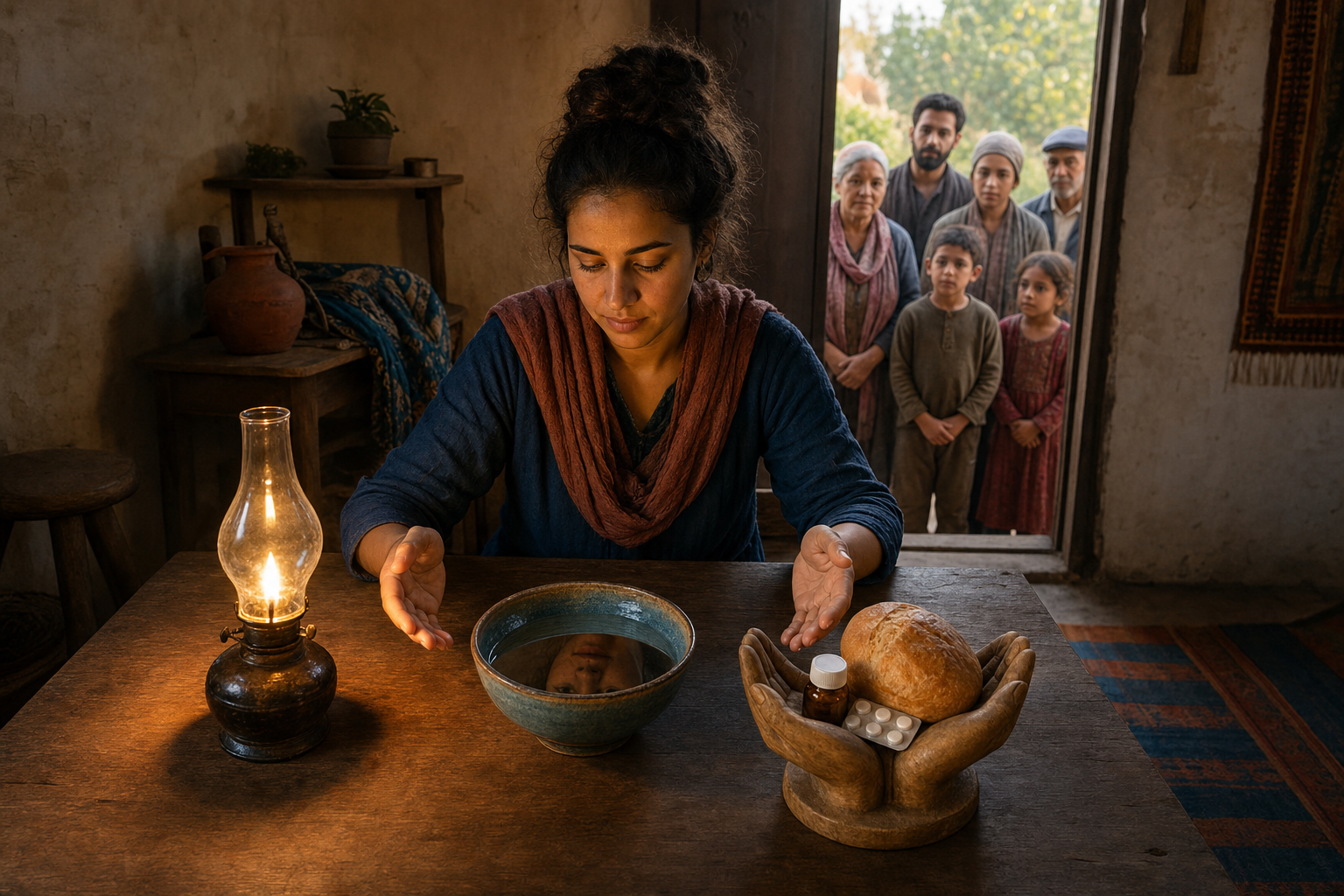 A person deliberates at a wooden table with an oil lamp, a bowl of water, bread, and medicine while several neighbors wait outside an open doorway.